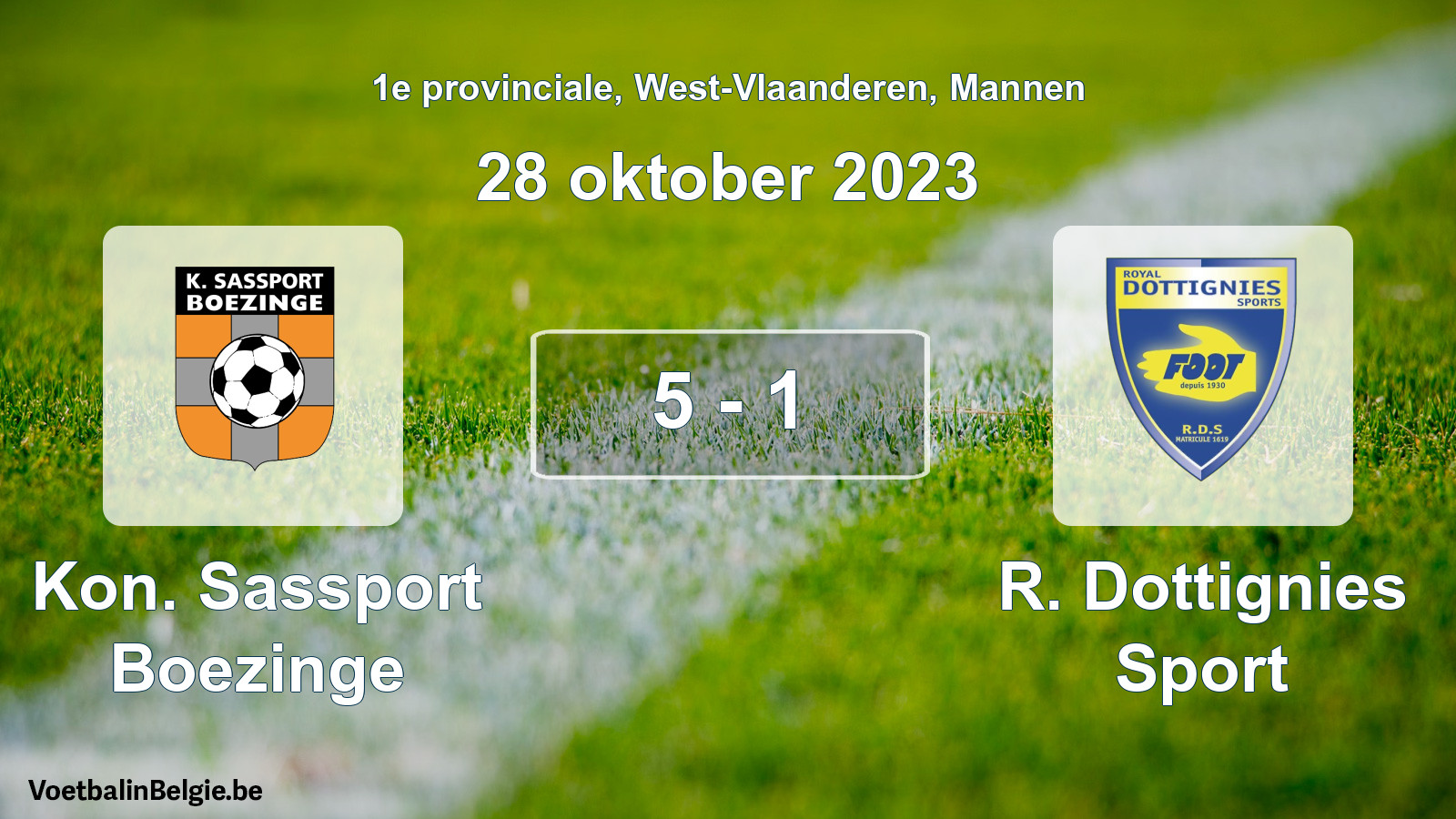 Gespeelde wedstrijd mannenvoetbal: Kon. Sassport Boezinge - R. Dottignies Sport 5 - 1 (28 oktober 2023)