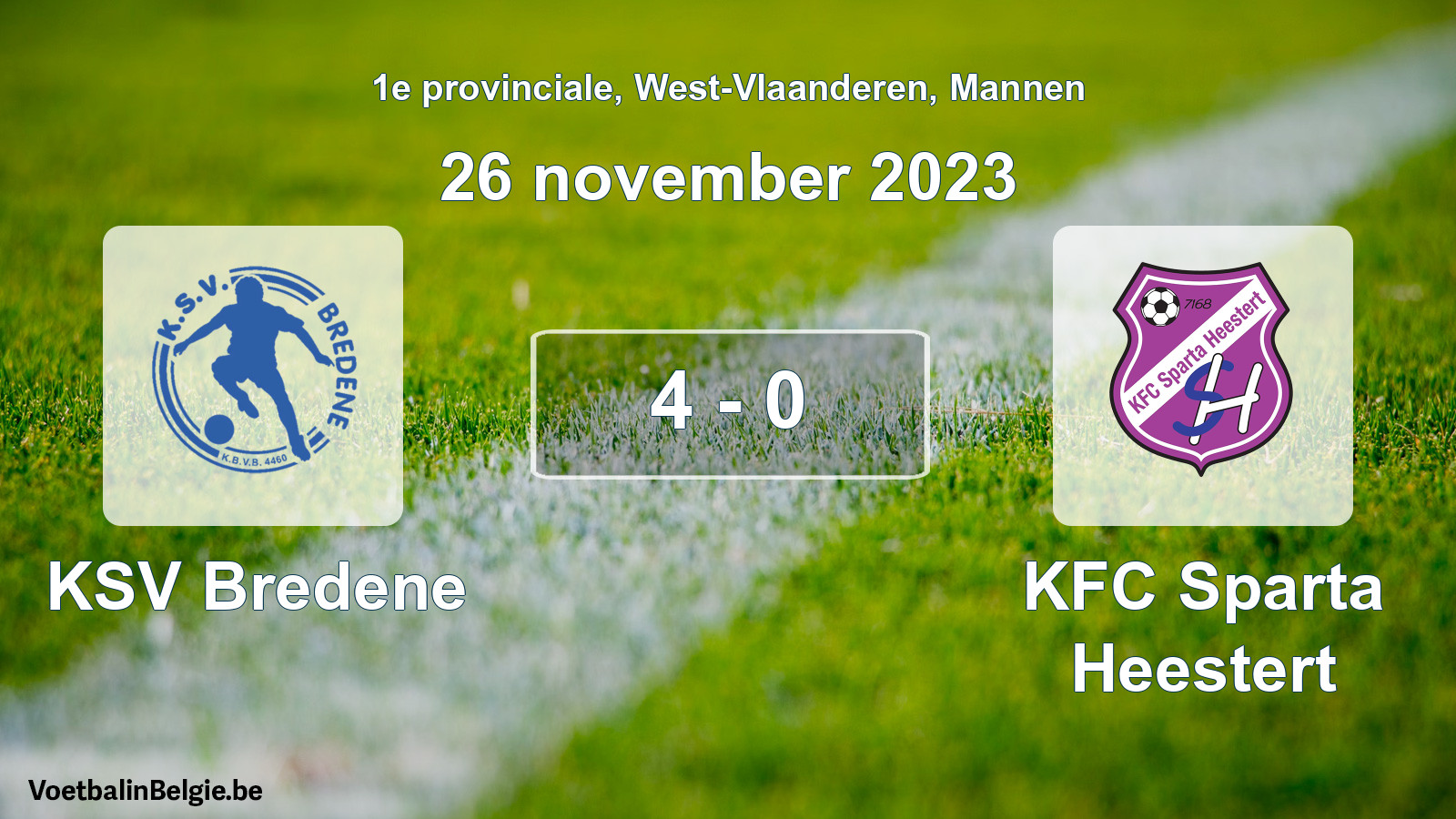 Gespeelde wedstrijd mannenvoetbal: KSV Bredene - KFC Sparta Heestert 4 - 0 (26 november 2023)