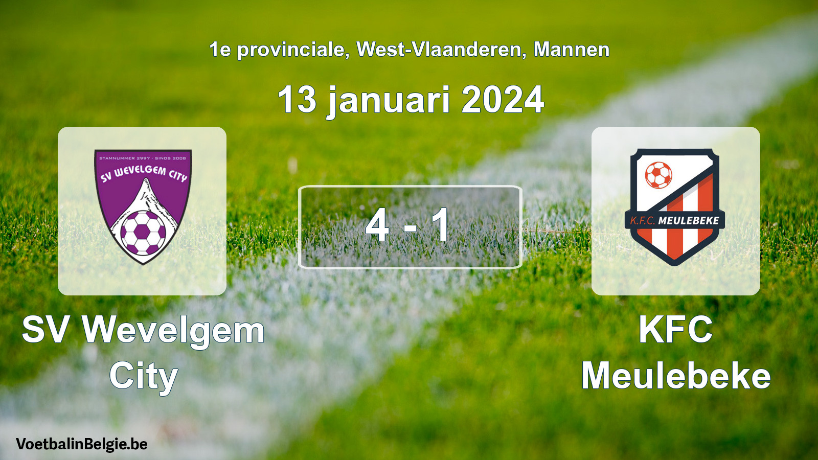 Gespeelde wedstrijd mannenvoetbal: SV Wevelgem City - KFC Meulebeke 4 - 1 (13 januari 2024)