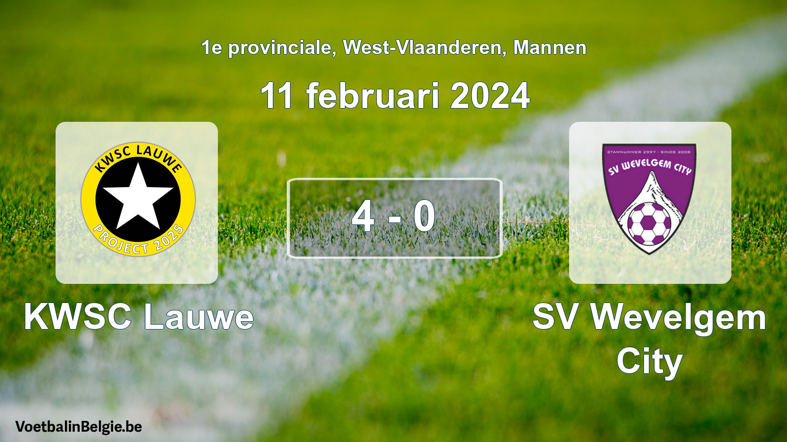 Gespeelde wedstrijd mannenvoetbal: KWSC Lauwe - SV Wevelgem City 4 - 0 (11 februari 2024)