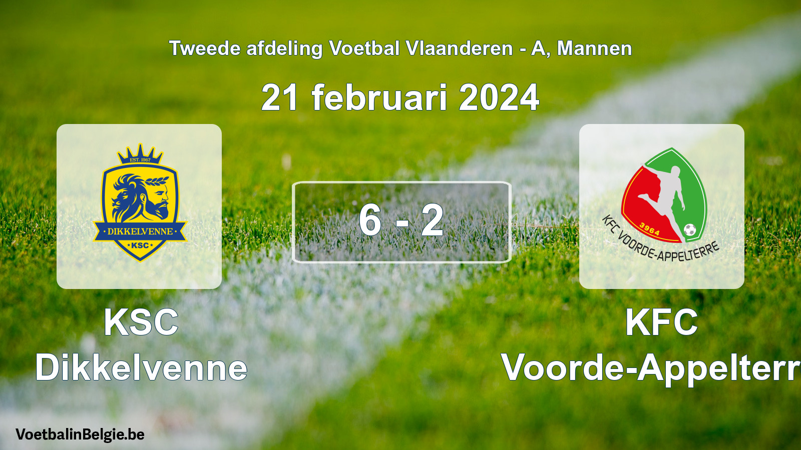 Gespeelde wedstrijd mannenvoetbal: KSC Dikkelvenne - KFC Voorde-Appelterre 6 - 2 (21 februari 2024)