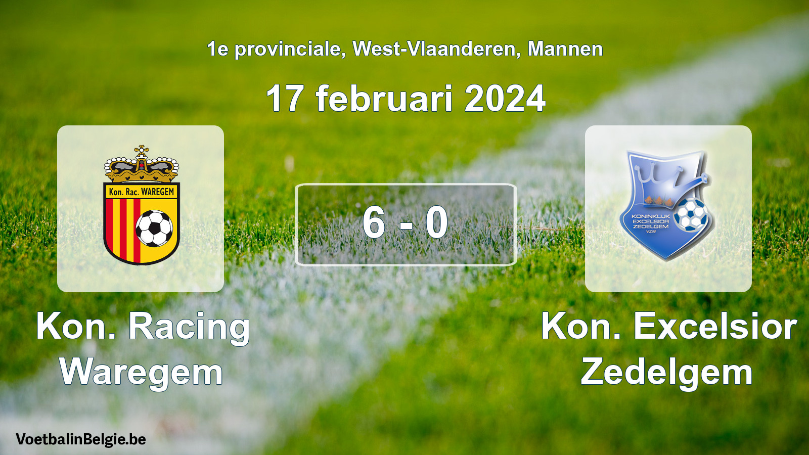 Gespeelde wedstrijd mannenvoetbal: Kon. Racing Waregem - Kon. Excelsior Zedelgem 6 - 0 (17 februari 2024)