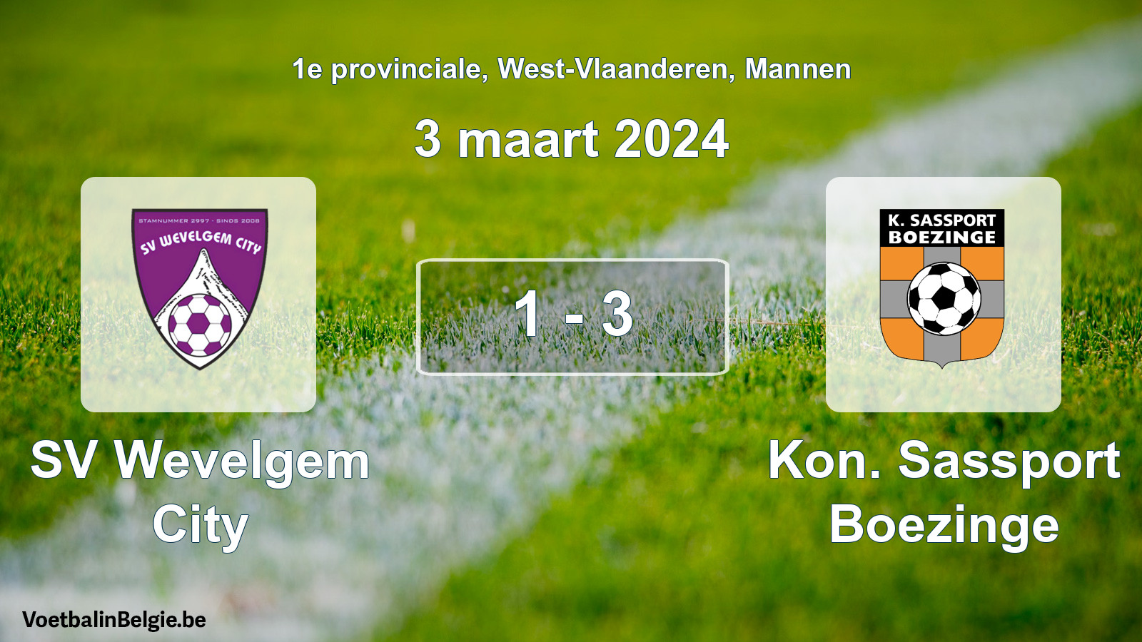Gespeelde wedstrijd mannenvoetbal: SV Wevelgem City - Kon. Sassport Boezinge 1 - 3 (3 maart 2024)