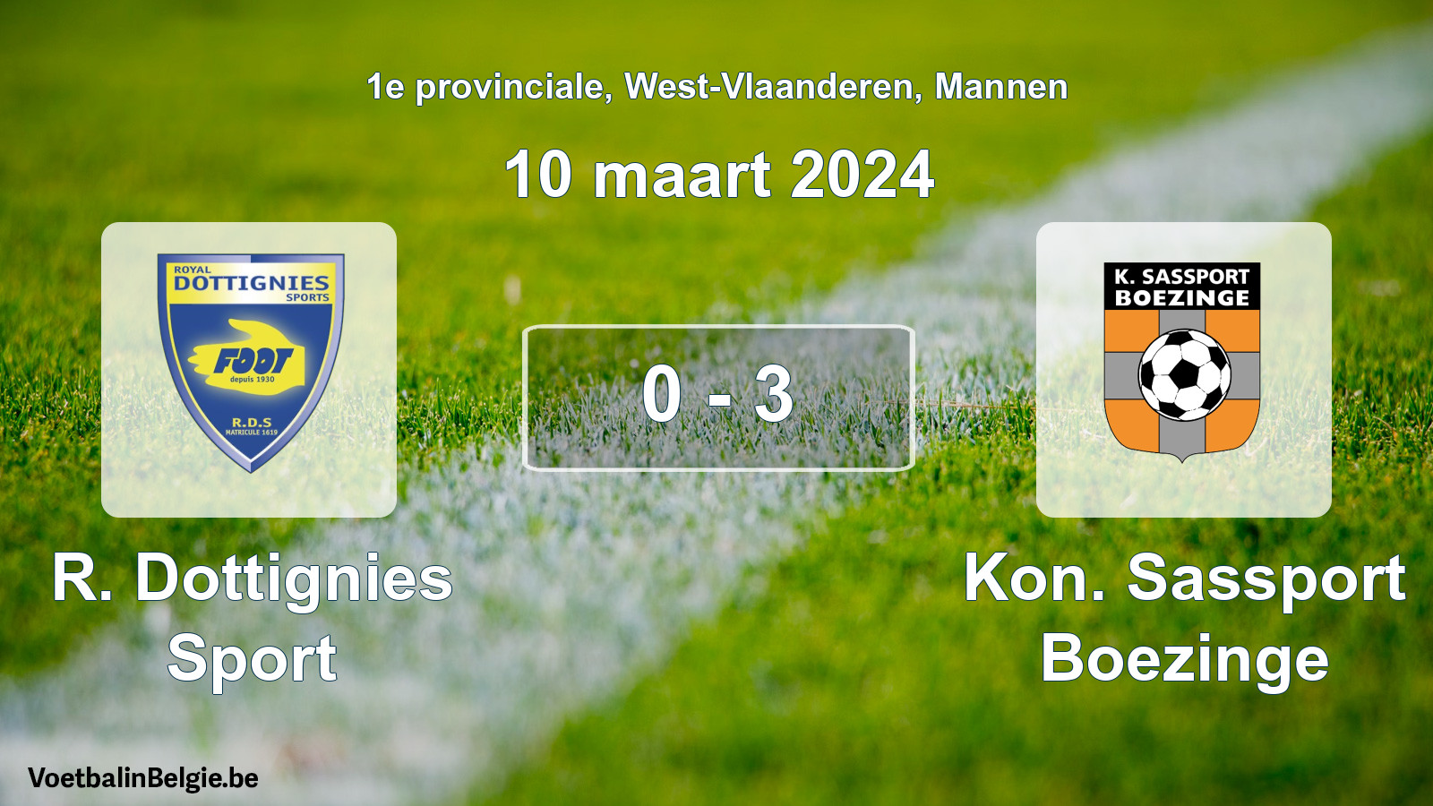 Gespeelde wedstrijd mannenvoetbal: R. Dottignies Sport - Kon. Sassport Boezinge 0 - 3 (10 maart 2024)