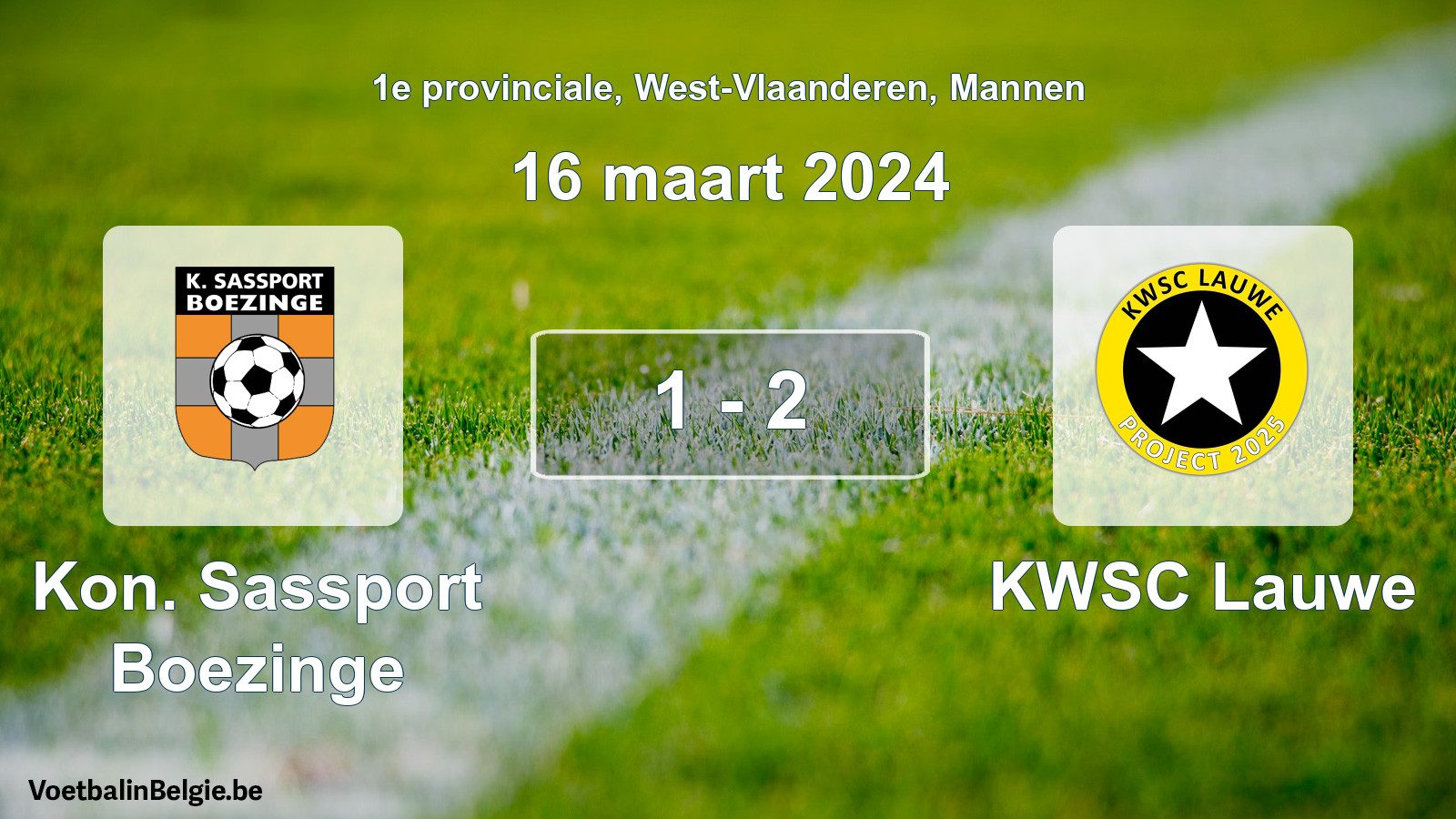 Gespeelde wedstrijd mannenvoetbal: Kon. Sassport Boezinge - KWSC Lauwe 1 - 2 (16 maart 2024)