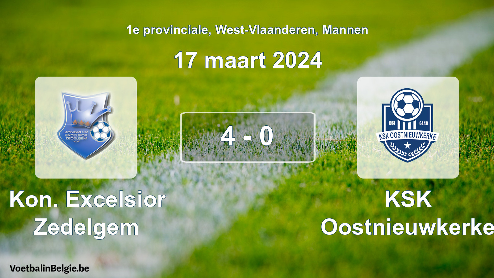 Gespeelde wedstrijd mannenvoetbal: Kon. Excelsior Zedelgem - KSK Oostnieuwkerke 4 - 0 (17 maart 2024)
