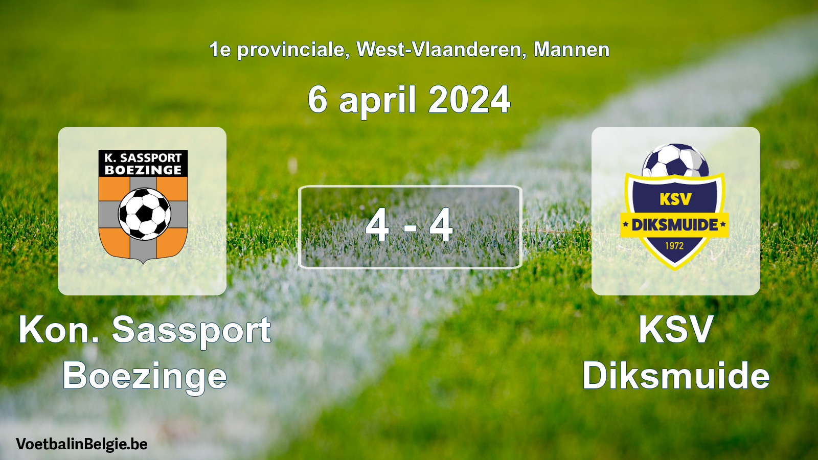 Gespeelde wedstrijd mannenvoetbal: Kon. Sassport Boezinge - KSV Diksmuide 4 - 4 (6 april 2024)