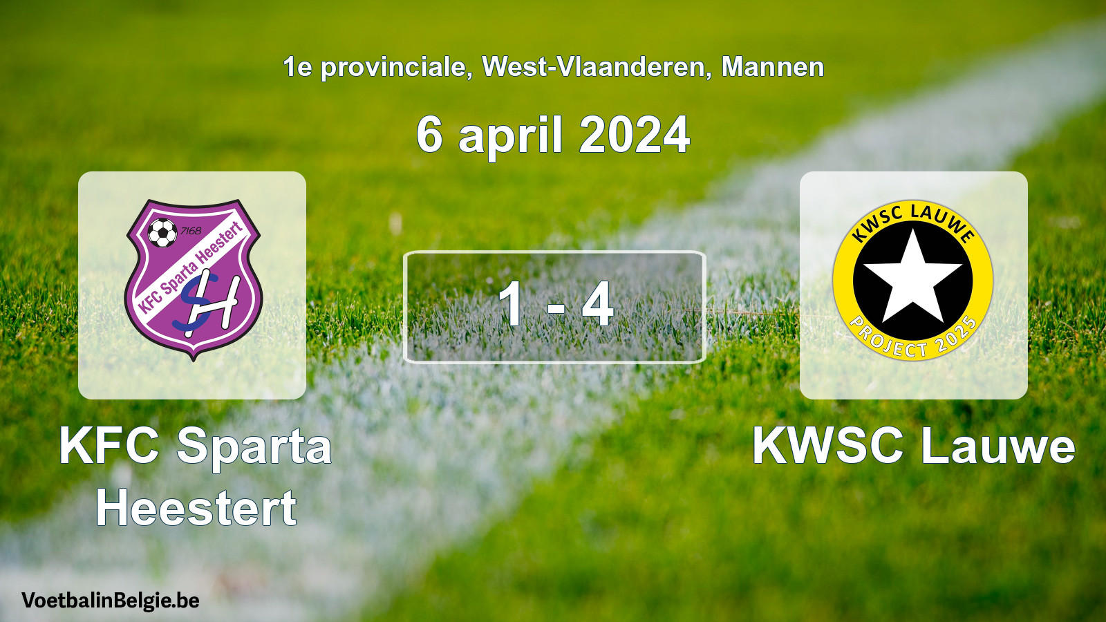 Gespeelde wedstrijd mannenvoetbal: KFC Sparta Heestert - KWSC Lauwe 1 - 4 (6 april 2024)
