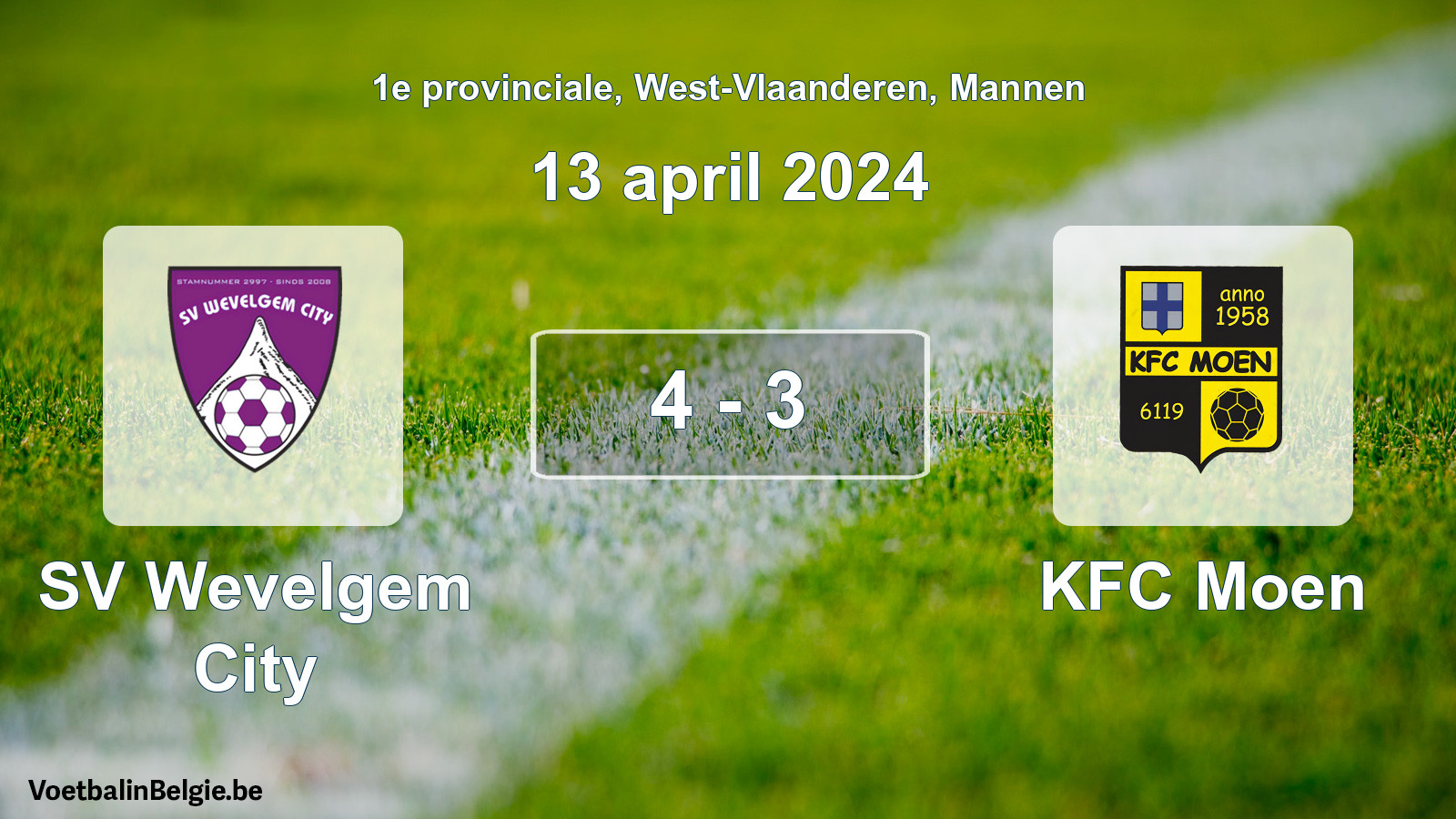 Gespeelde wedstrijd mannenvoetbal: SV Wevelgem City - KFC Moen 4 - 3 (13 april 2024)