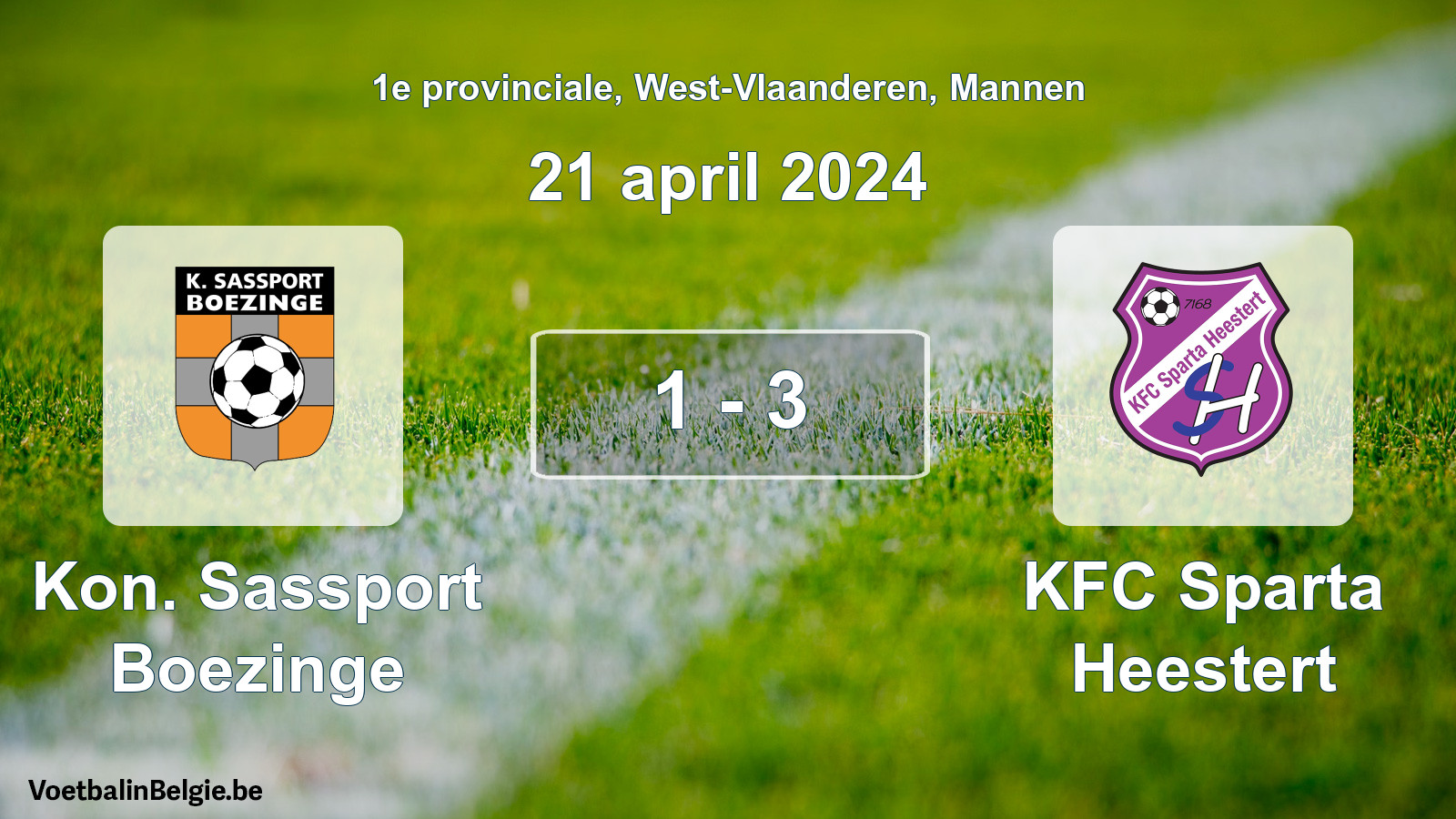 Gespeelde wedstrijd mannenvoetbal: Kon. Sassport Boezinge - KFC Sparta Heestert 1 - 3 (21 april 2024)