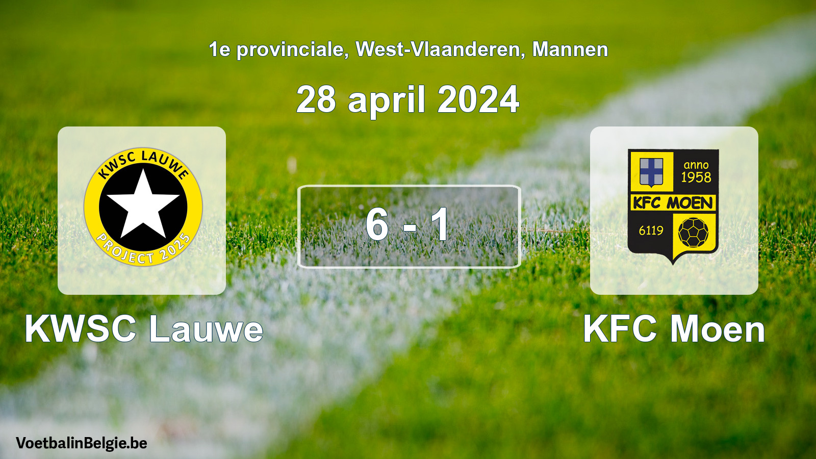 Gespeelde wedstrijd mannenvoetbal: KWSC Lauwe - KFC Moen 6 - 1 (28 april 2024)