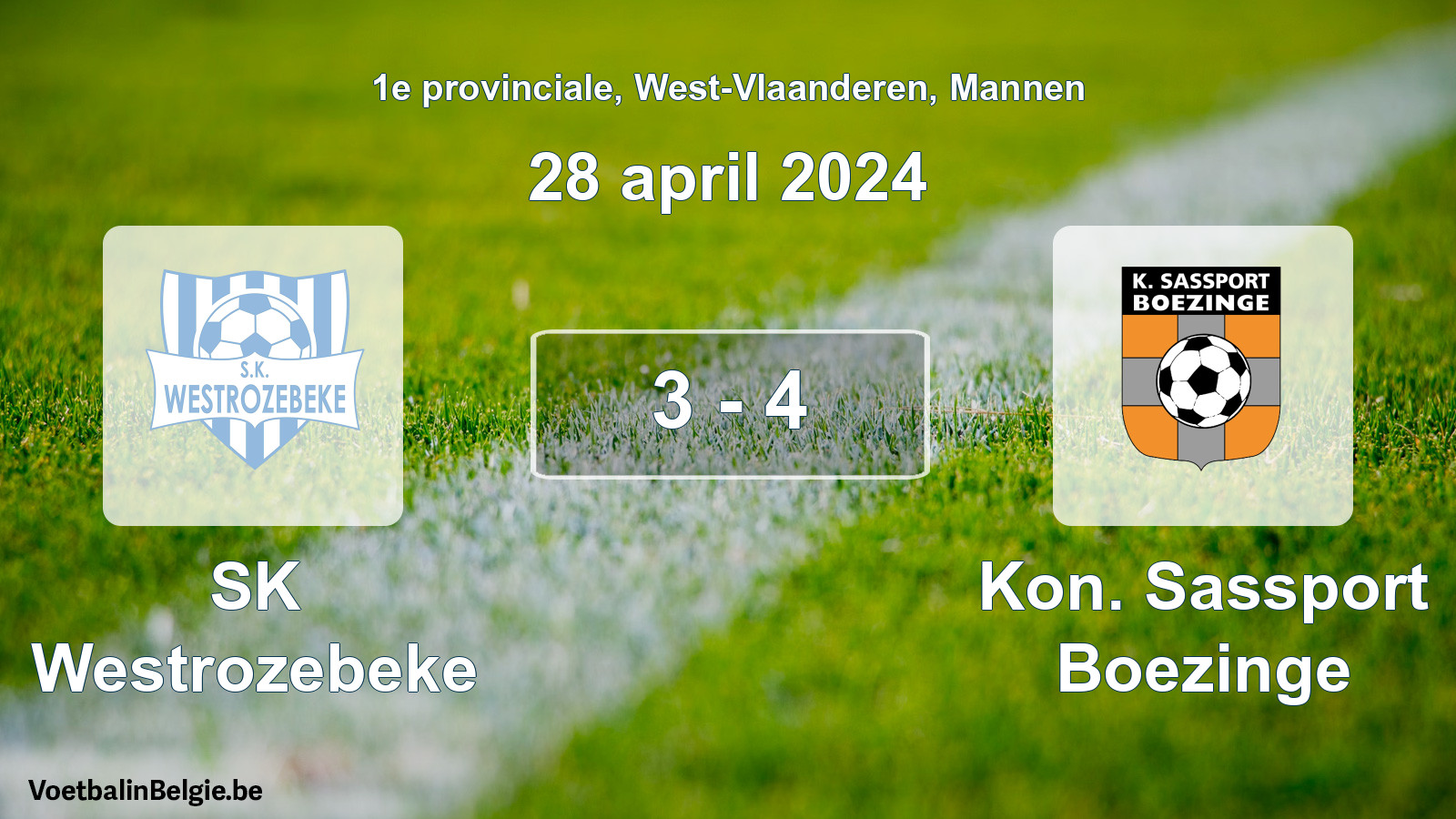 Gespeelde wedstrijd mannenvoetbal: SK Westrozebeke - Kon. Sassport Boezinge 3 - 4 (28 april 2024)
