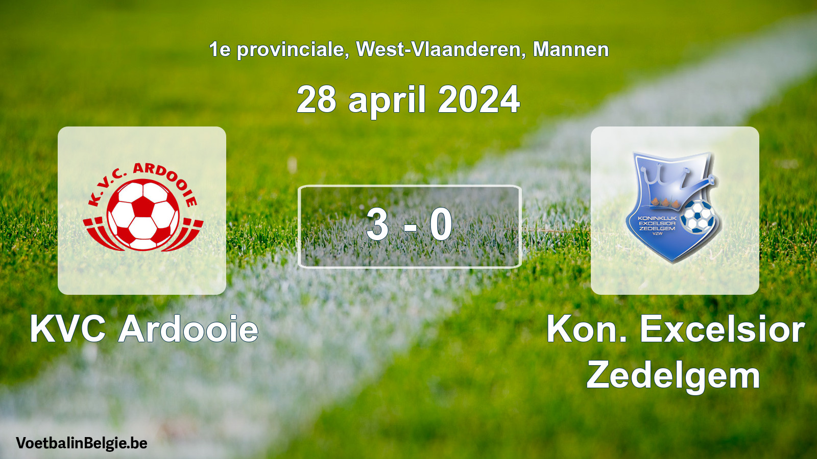 Gespeelde wedstrijd mannenvoetbal: KVC Ardooie - Kon. Excelsior Zedelgem 3 - 0 (28 april 2024)