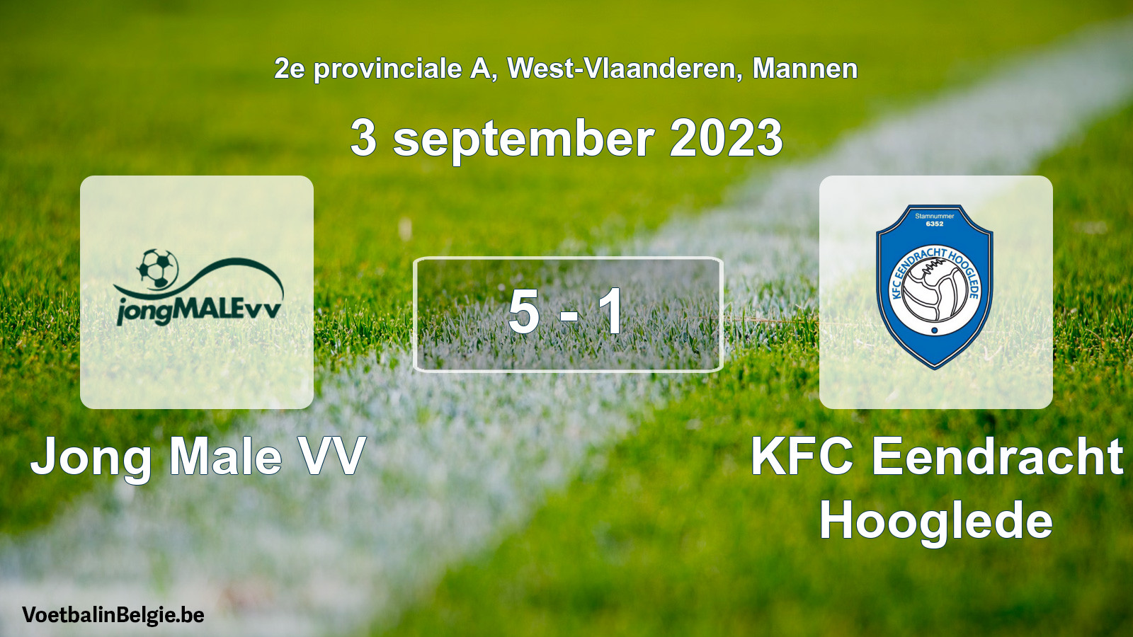 Gespeelde wedstrijd mannenvoetbal: Jong Male VV - KFC Eendracht Hooglede 5 - 1 (3 september 2023)