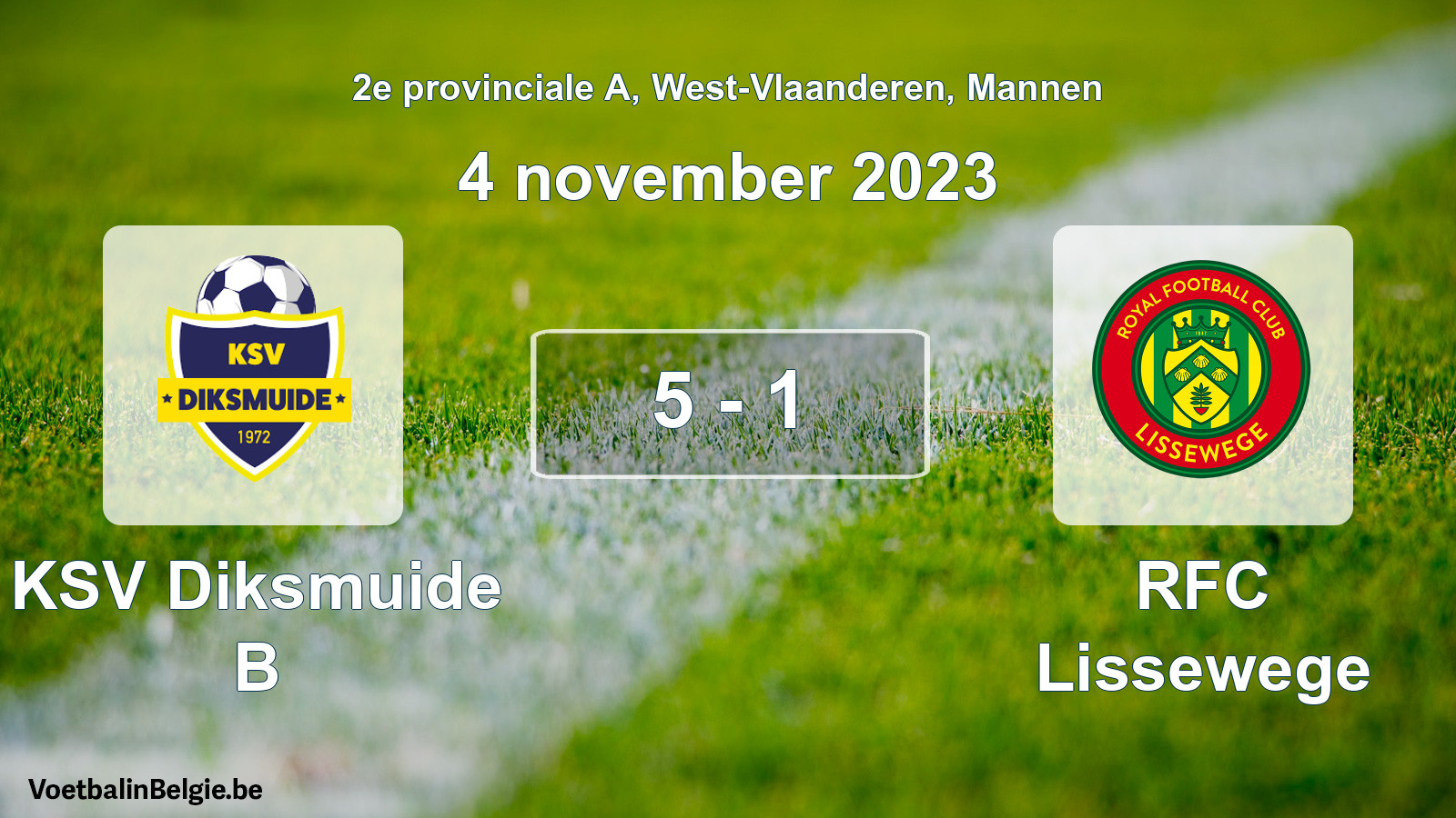 Gespeelde wedstrijd mannenvoetbal: KSV Diksmuide B - RFC Lissewege 5 - 1 (4 november 2023)