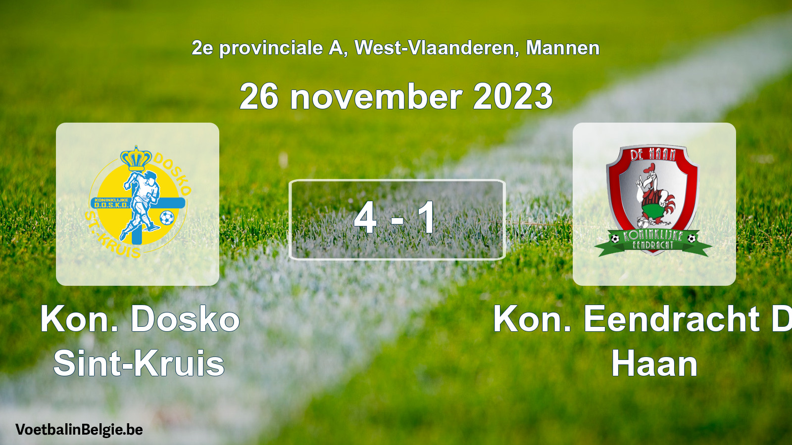 Gespeelde wedstrijd mannenvoetbal: Kon. Dosko Sint-Kruis - Kon. Eendracht De Haan 4 - 1 (26 november 2023)