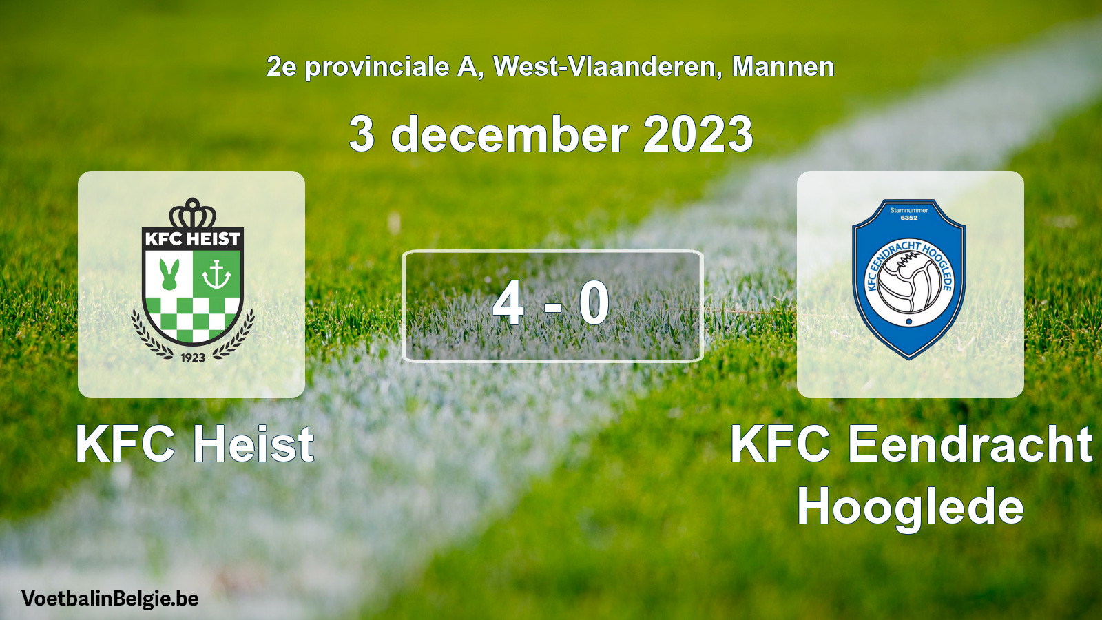 Gespeelde wedstrijd mannenvoetbal: KFC Heist - KFC Eendracht Hooglede 4 - 0 (3 december 2023)