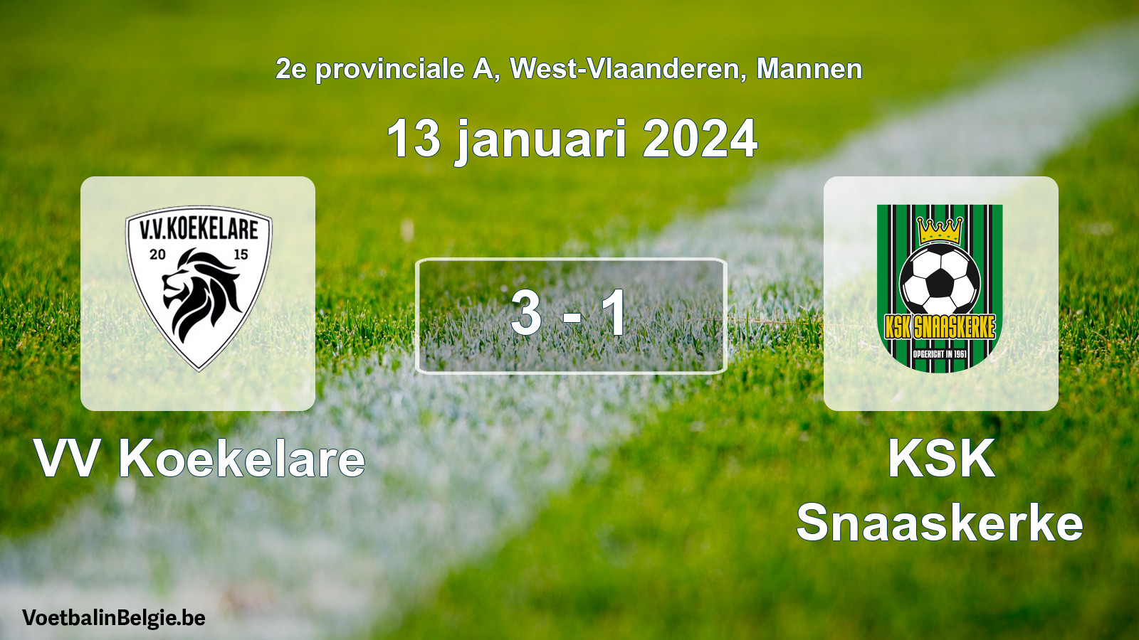 Gespeelde wedstrijd mannenvoetbal: VV Koekelare - KSK Snaaskerke 3 - 1 (13 januari 2024)