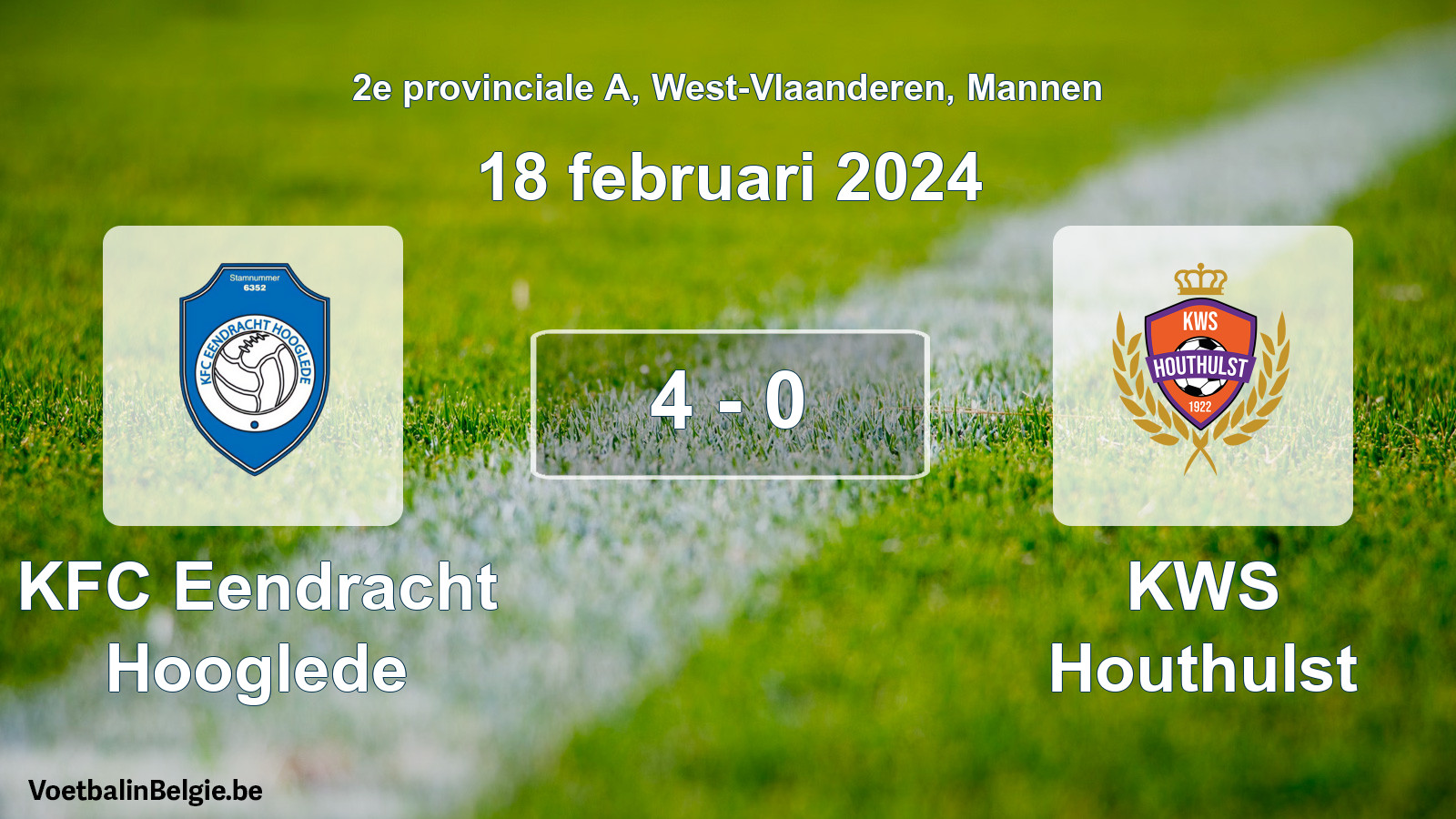 Gespeelde wedstrijd mannenvoetbal: KFC Eendracht Hooglede - KWS Houthulst 4 - 0 (18 februari 2024)