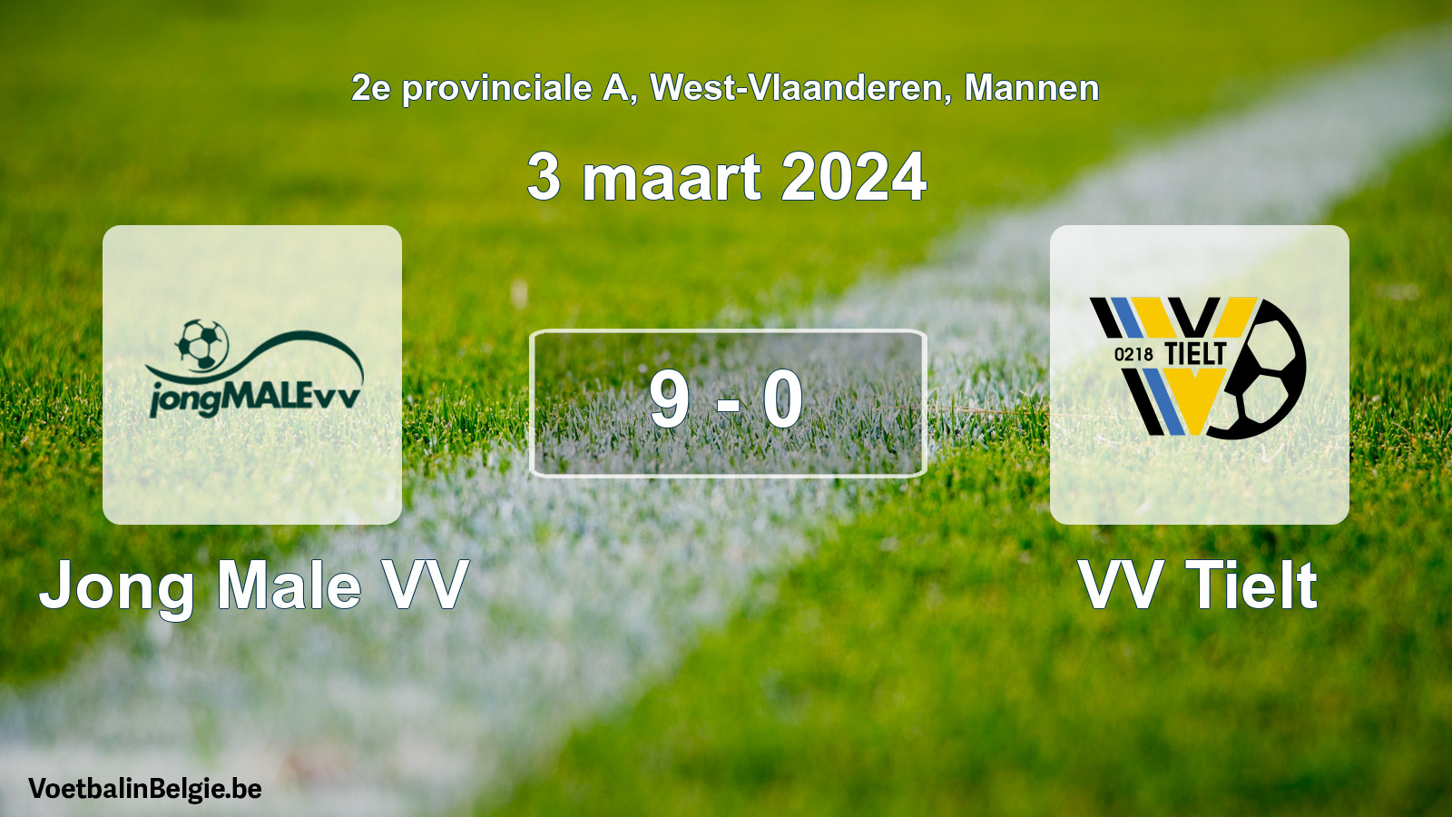 Gespeelde wedstrijd mannenvoetbal: Jong Male VV - VV Tielt 9 - 0 (3 maart 2024)