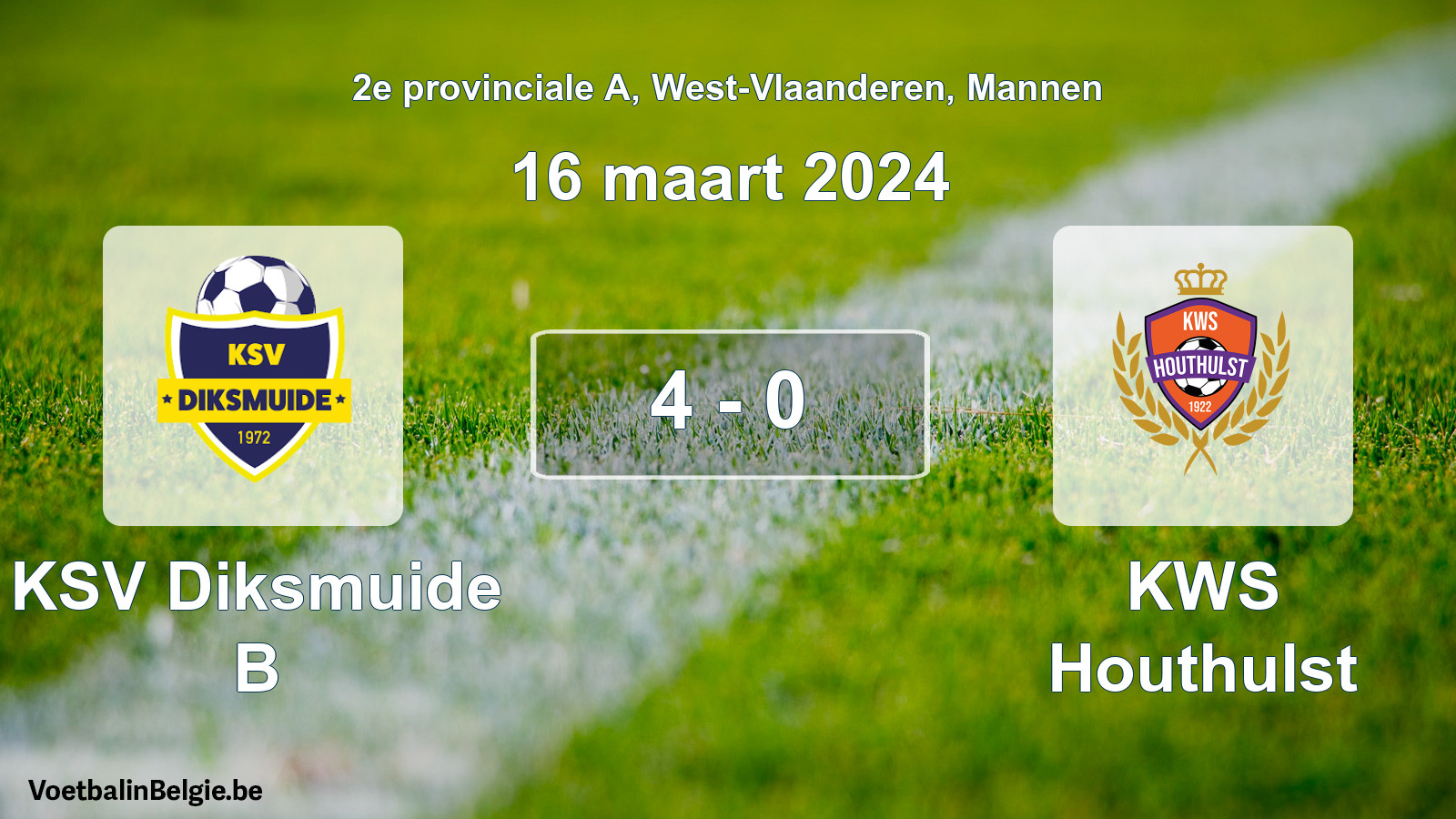 Gespeelde wedstrijd mannenvoetbal: KSV Diksmuide B - KWS Houthulst 4 - 0 (16 maart 2024)