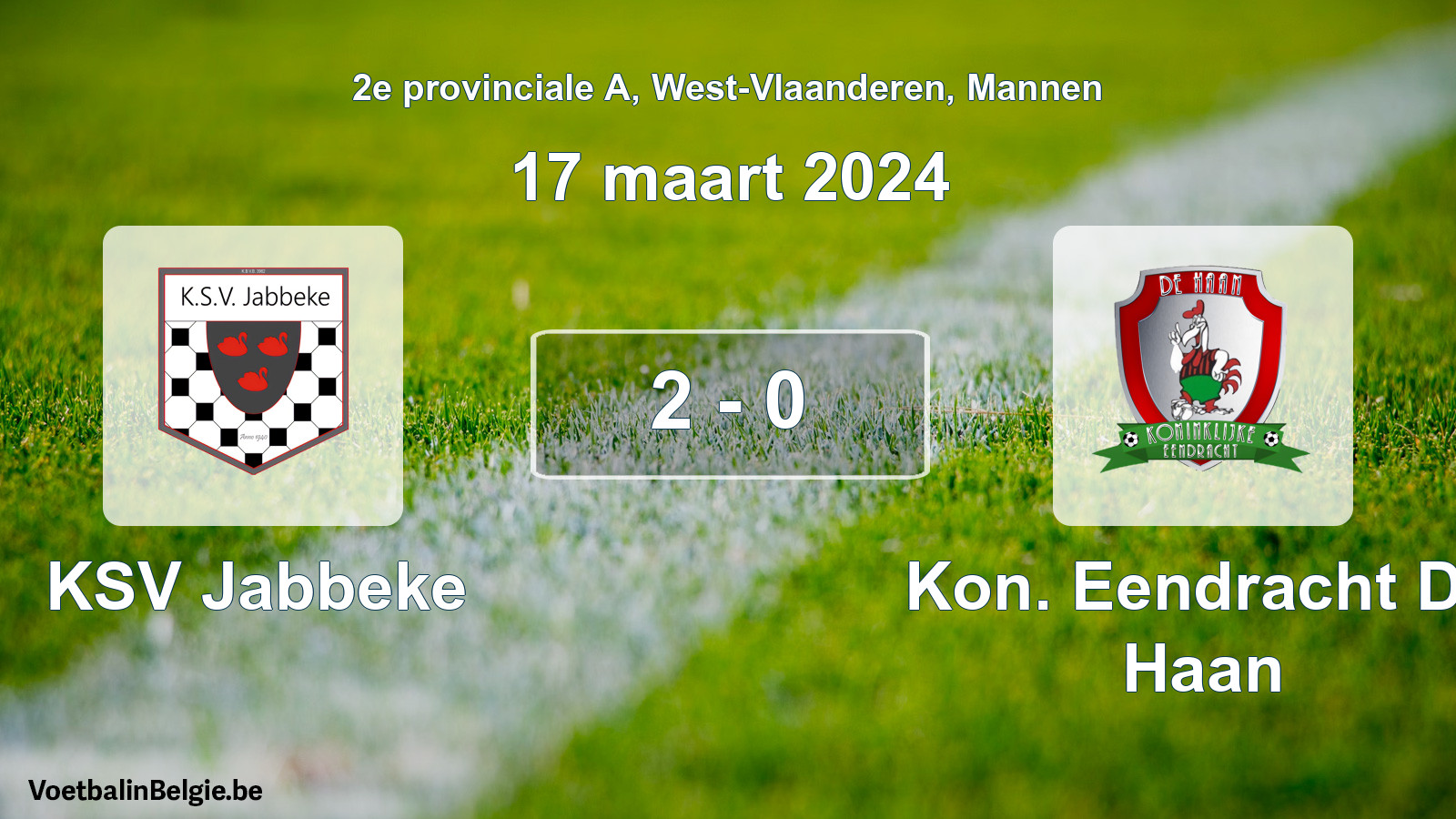 Gespeelde wedstrijd mannenvoetbal: KSV Jabbeke - Kon. Eendracht De Haan 2 - 0 (17 maart 2024)