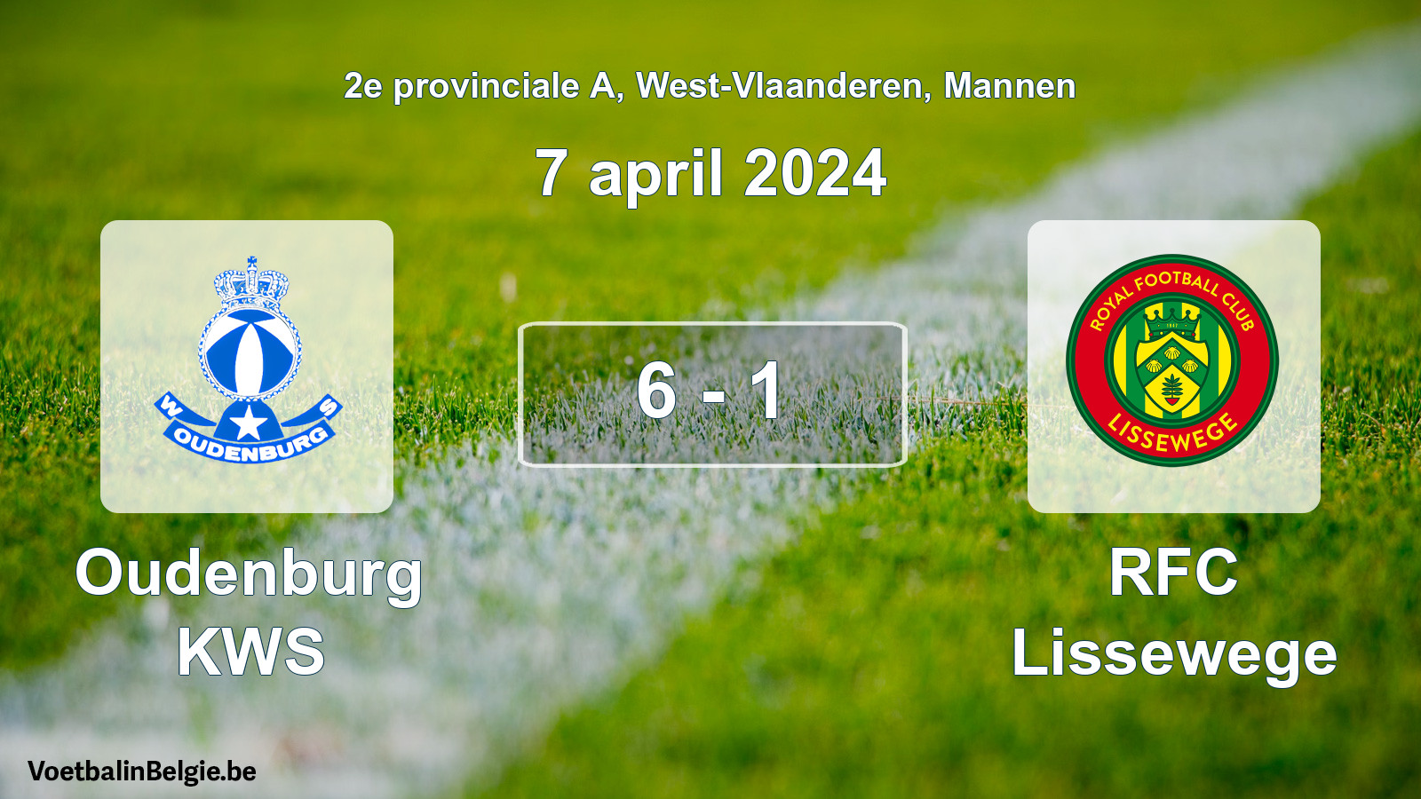 Gespeelde wedstrijd mannenvoetbal: Oudenburg KWS - RFC Lissewege 6 - 1 (7 april 2024)