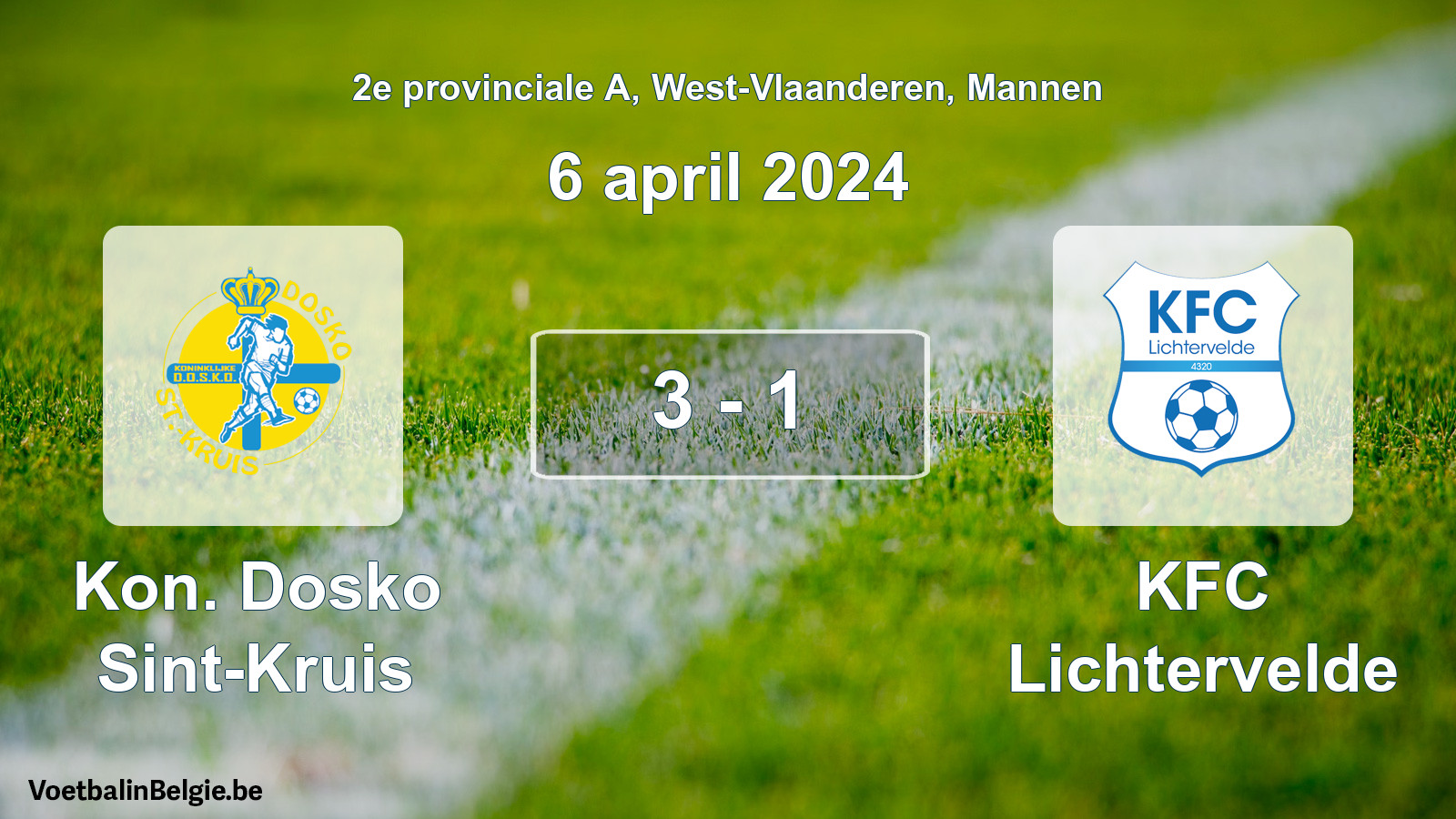 Gespeelde wedstrijd mannenvoetbal: Kon. Dosko Sint-Kruis - KFC Lichtervelde 3 - 1 (6 april 2024)