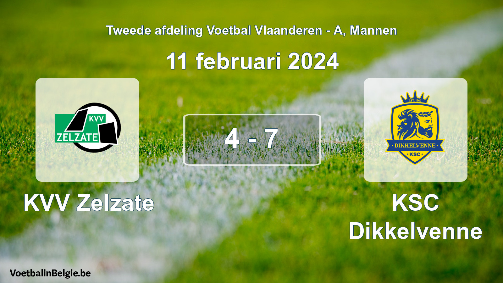Gespeelde wedstrijd mannenvoetbal: KVV Zelzate - KSC Dikkelvenne 4 - 7 (11 februari 2024)