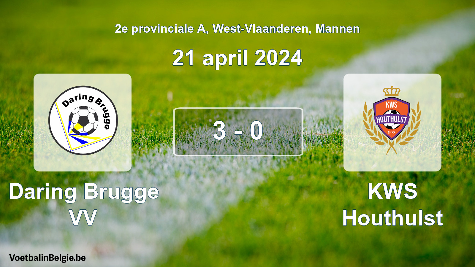Gespeelde wedstrijd mannenvoetbal: Daring Brugge VV - KWS Houthulst 3 - 0 (21 april 2024)