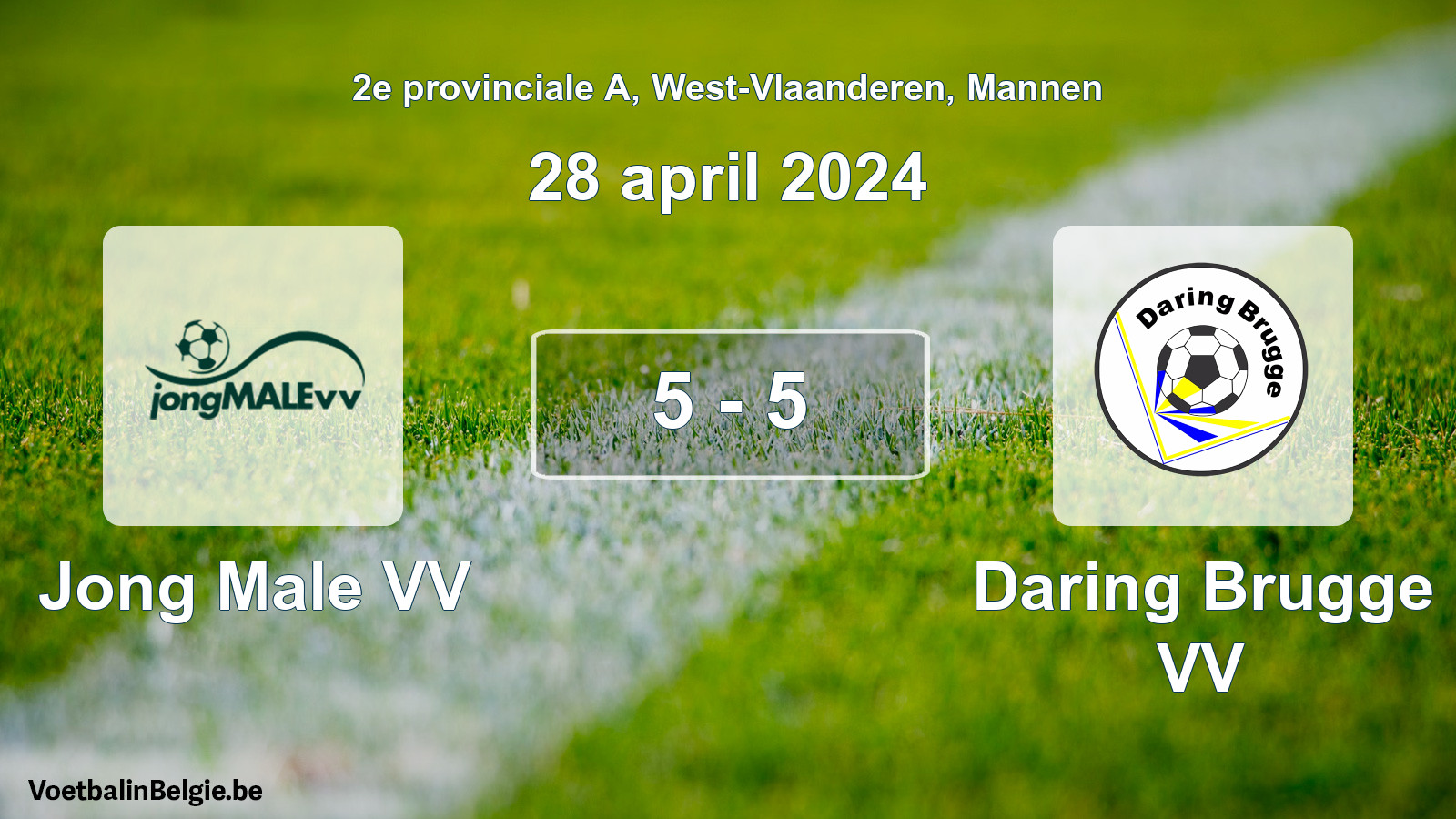 Gespeelde wedstrijd mannenvoetbal: Jong Male VV - Daring Brugge VV 5 - 5 (28 april 2024)
