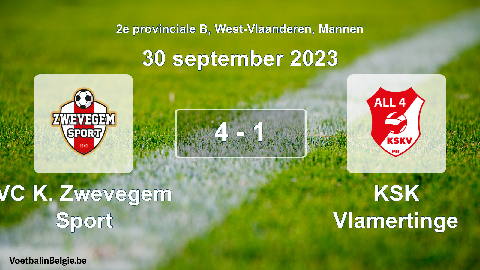 Gespeelde wedstrijd mannenvoetbal: VC K. Zwevegem Sport - KSK Vlamertinge 4 - 1 (30 september 2023)