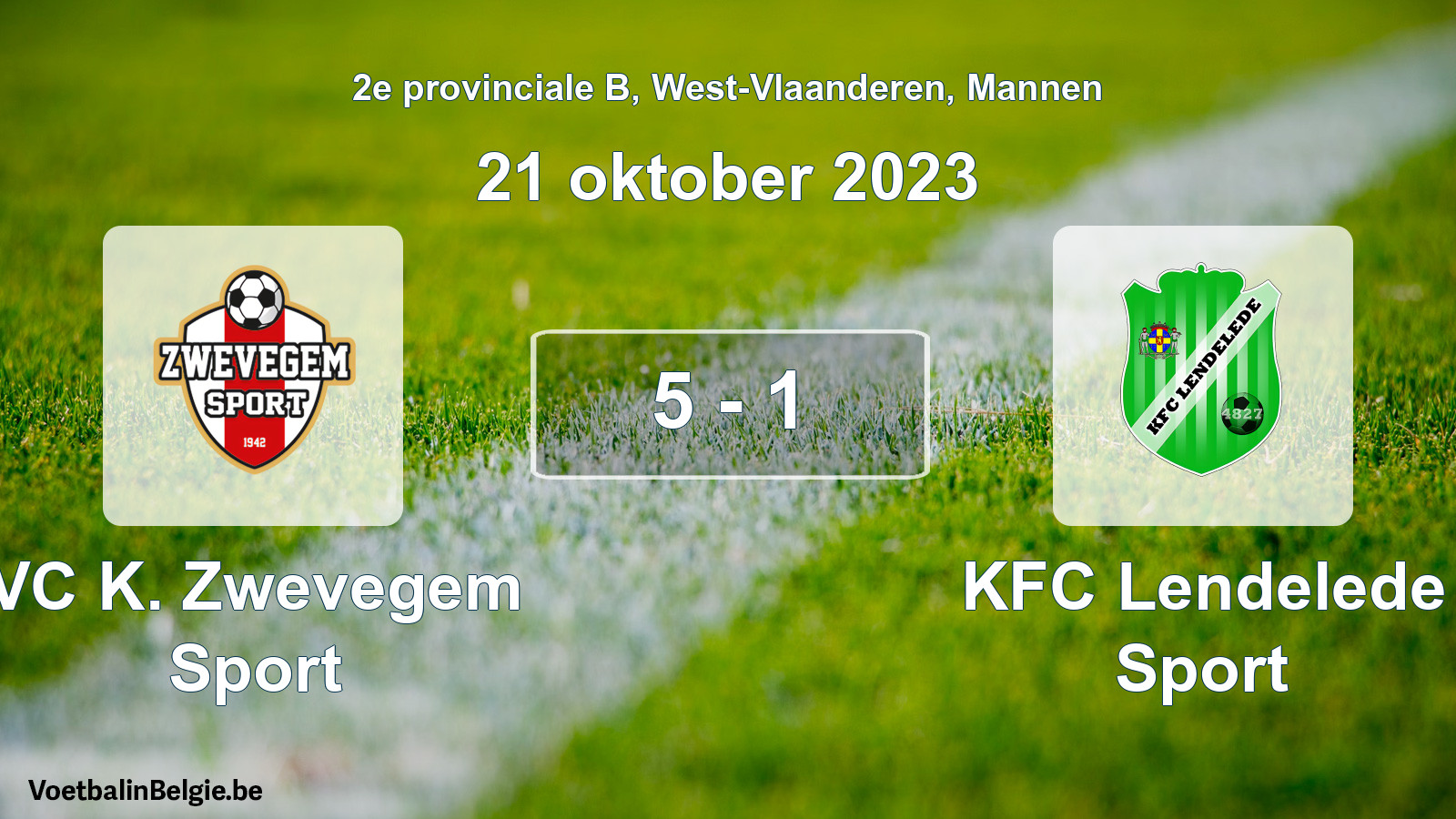 Gespeelde wedstrijd mannenvoetbal: VC K. Zwevegem Sport - KFC Lendelede Sport 5 - 1 (21 oktober 2023)