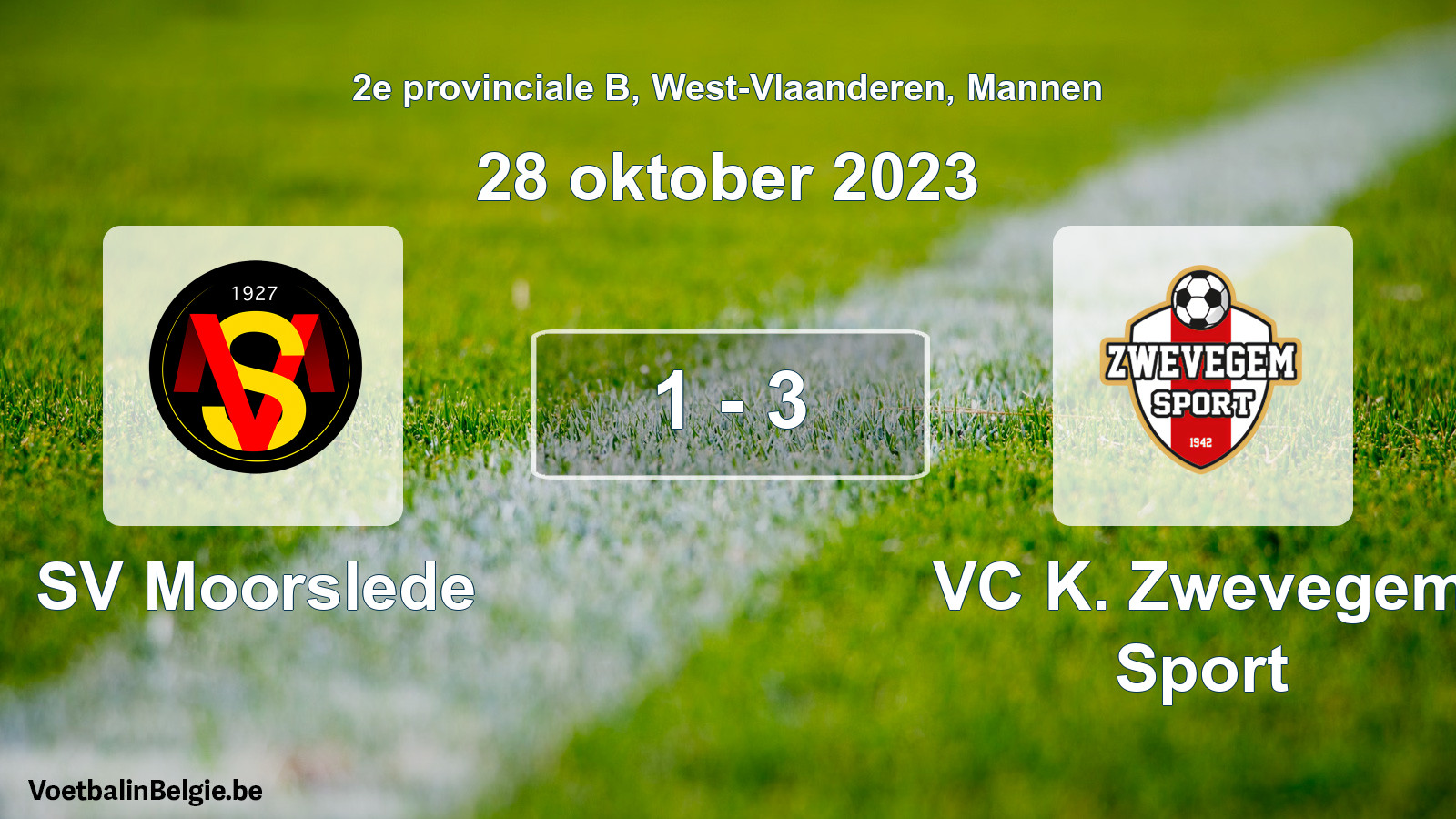 Gespeelde wedstrijd mannenvoetbal: SV Moorslede - VC K. Zwevegem Sport 1 - 3 (28 oktober 2023)
