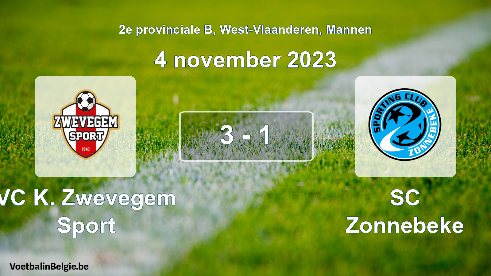 Gespeelde wedstrijd mannenvoetbal: VC K. Zwevegem Sport - SC Zonnebeke 3 - 1 (4 november 2023)