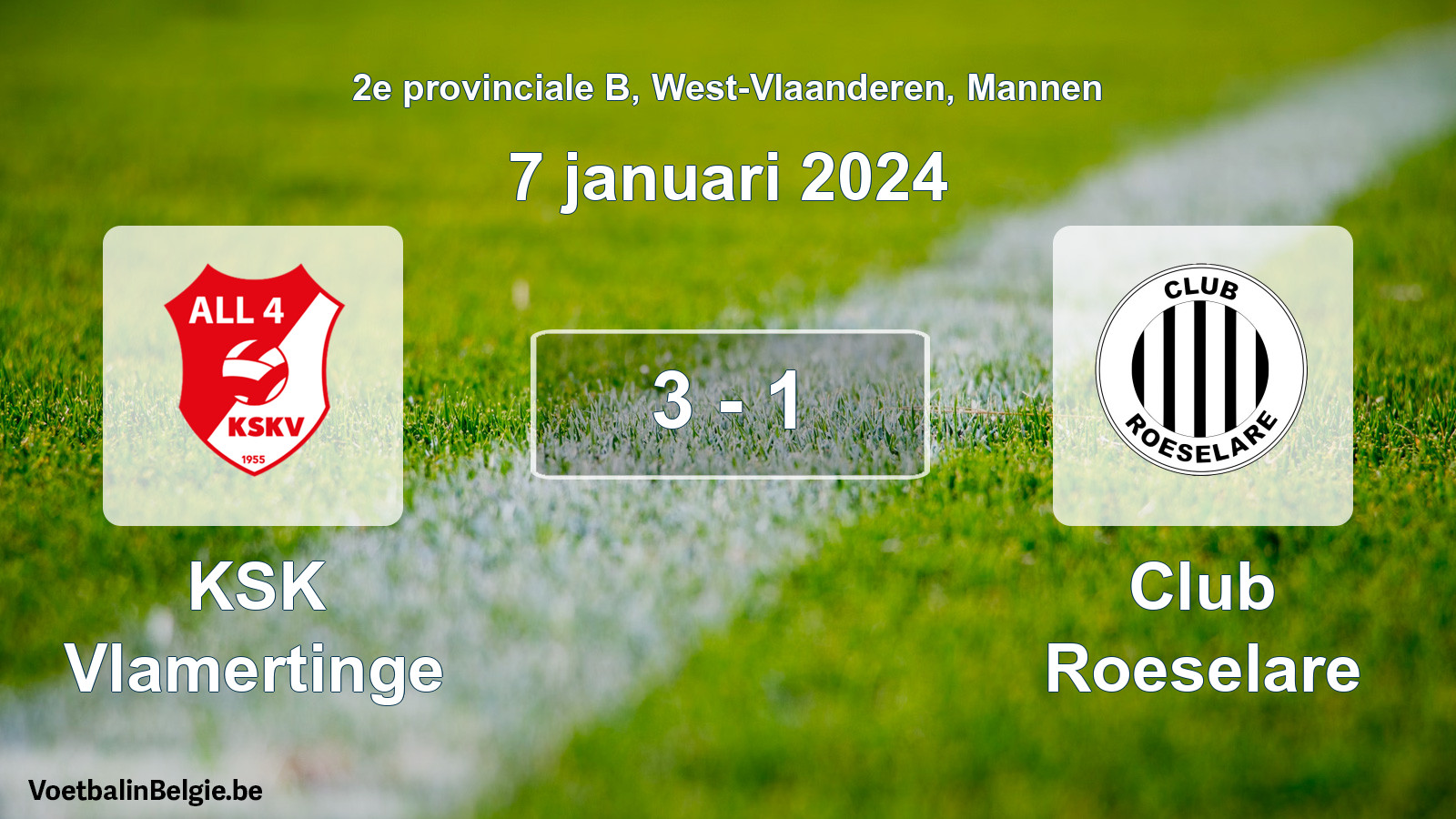 Gespeelde wedstrijd mannenvoetbal: KSK Vlamertinge - Club Roeselare 3 - 1 (7 januari 2024)