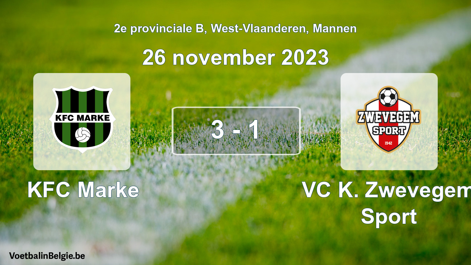 Gespeelde wedstrijd mannenvoetbal: KFC Marke - VC K. Zwevegem Sport 3 - 1 (26 november 2023)