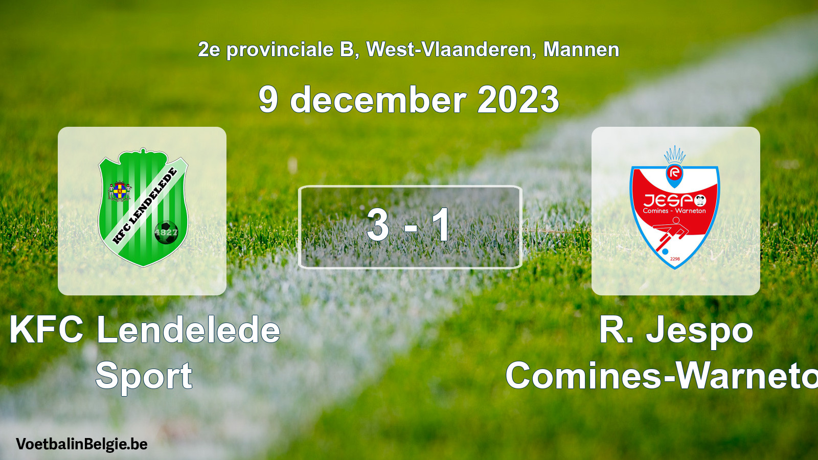 Gespeelde wedstrijd mannenvoetbal: KFC Lendelede Sport - R. Jespo Comines-Warneton 3 - 1 (9 december 2023)
