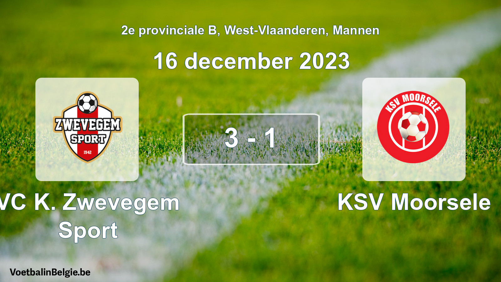 Gespeelde wedstrijd mannenvoetbal: VC K. Zwevegem Sport - KSV Moorsele 3 - 1 (16 december 2023)