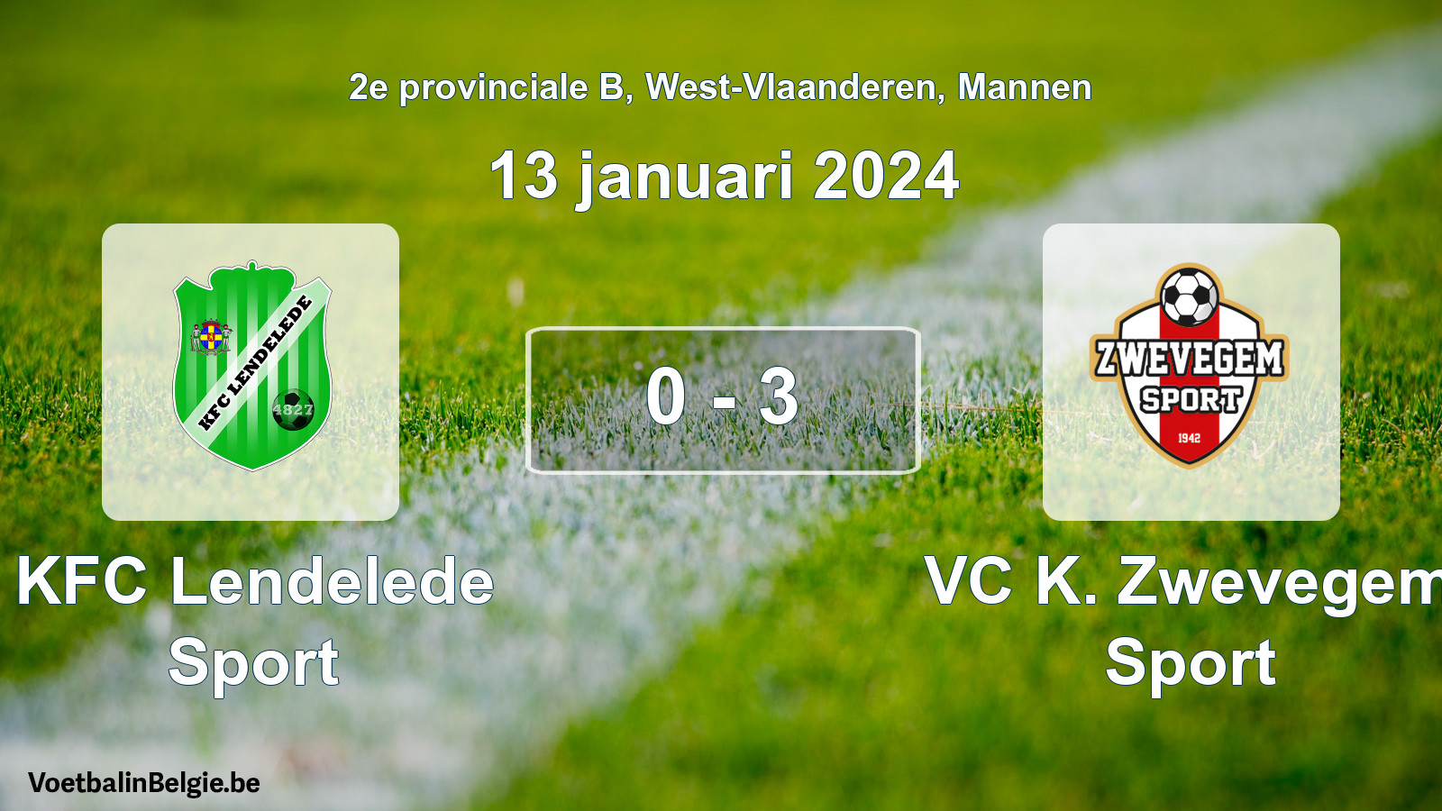 Gespeelde wedstrijd mannenvoetbal: KFC Lendelede Sport - VC K. Zwevegem Sport 0 - 3 (13 januari 2024)