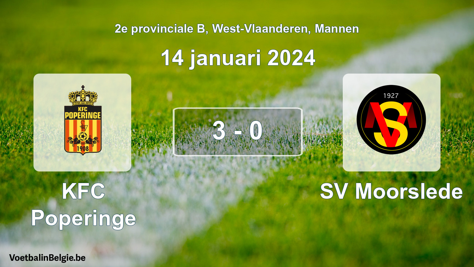 Gespeelde wedstrijd mannenvoetbal: KFC Poperinge - SV Moorslede 3 - 0 (14 januari 2024)