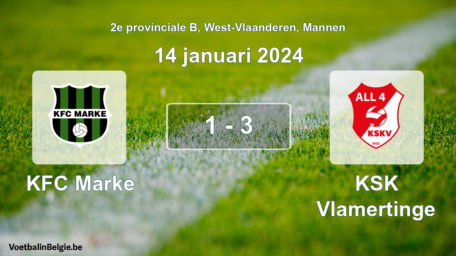 Gespeelde wedstrijd mannenvoetbal: KFC Marke - KSK Vlamertinge 1 - 3 (14 januari 2024)