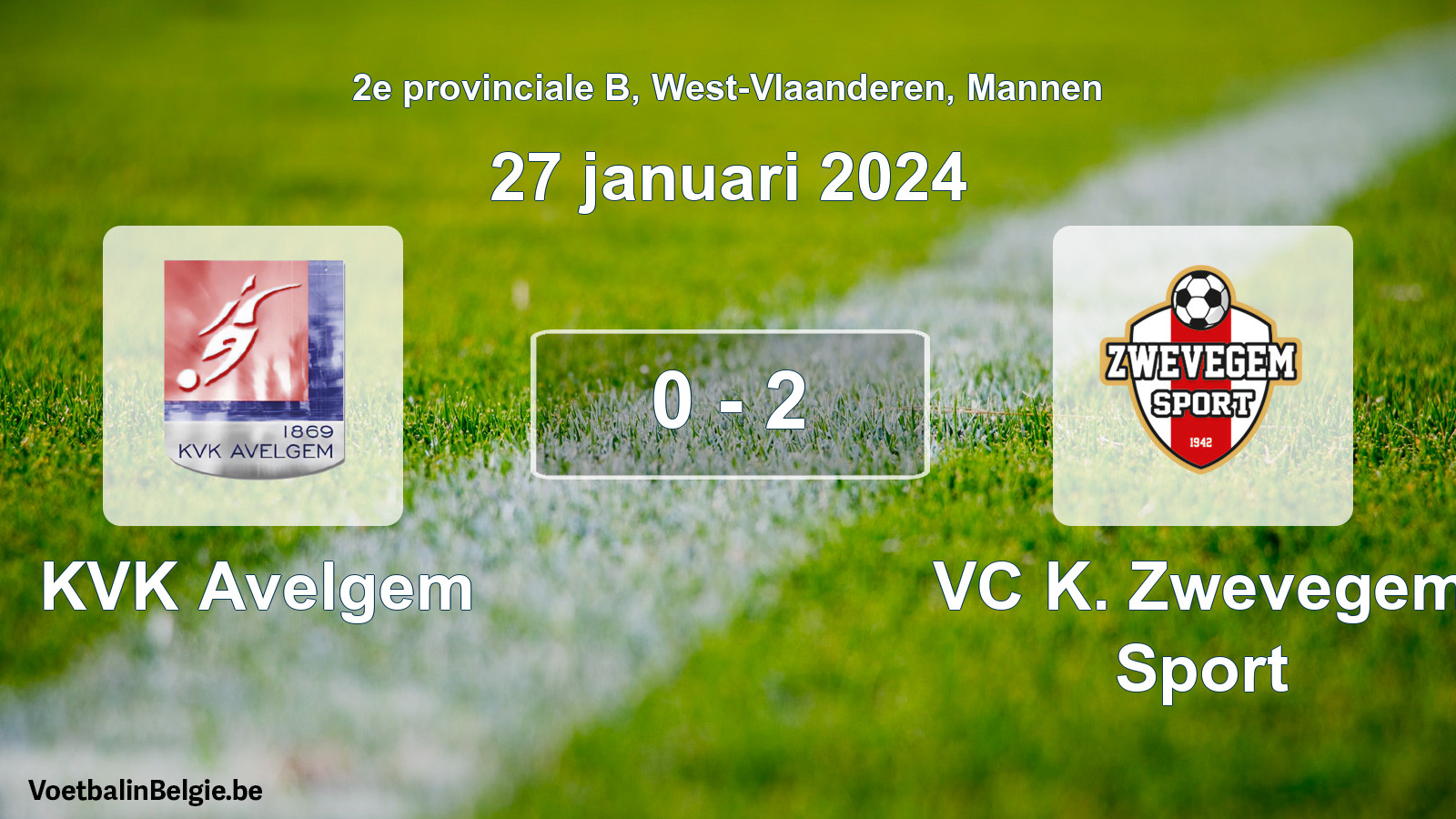 Gespeelde wedstrijd mannenvoetbal: KVK Avelgem - VC K. Zwevegem Sport 0 - 2 (27 januari 2024)