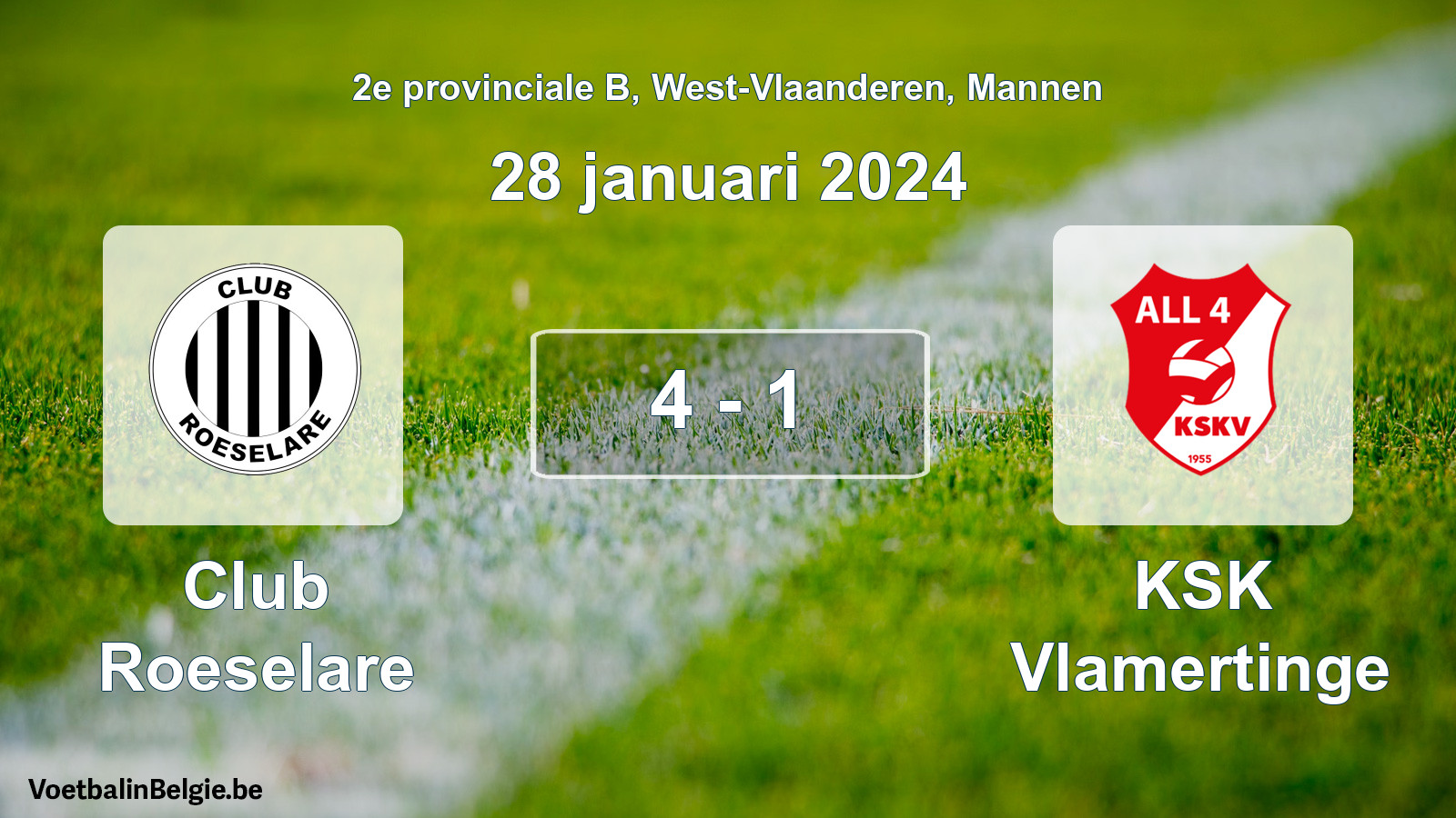Gespeelde wedstrijd mannenvoetbal: Club Roeselare - KSK Vlamertinge 4 - 1 (28 januari 2024)