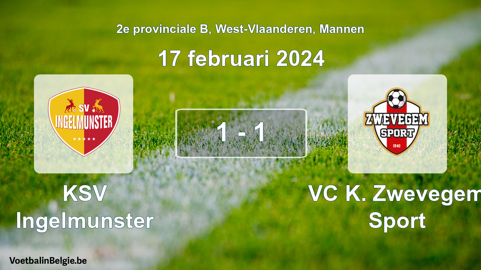 Gespeelde wedstrijd mannenvoetbal: KSV Ingelmunster - VC K. Zwevegem Sport 1 - 1 (17 februari 2024)