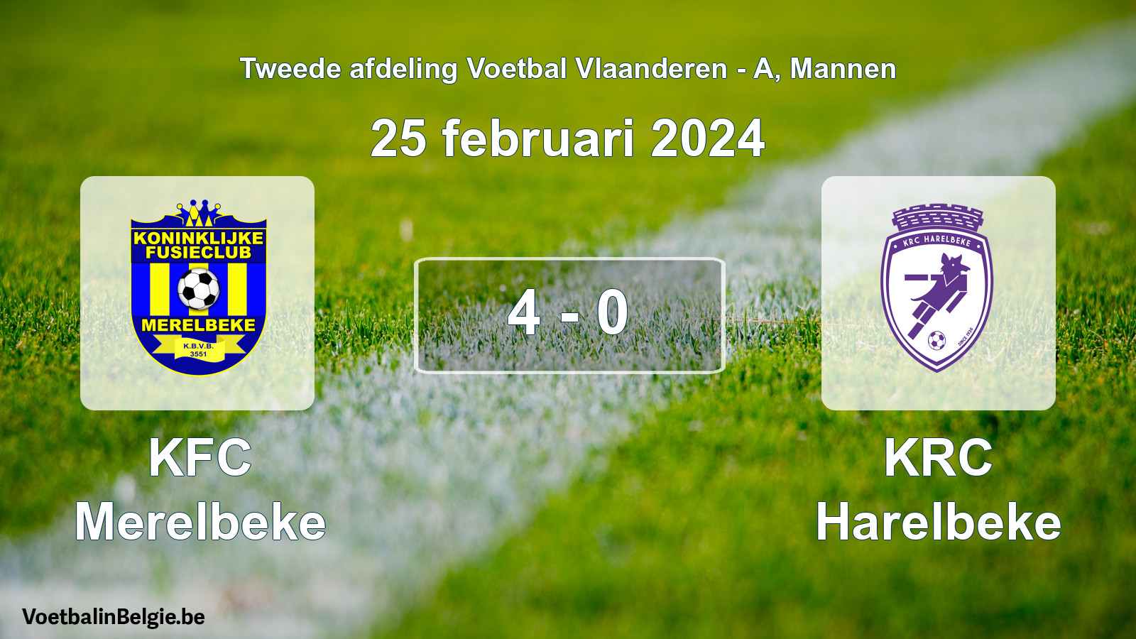 Gespeelde wedstrijd mannenvoetbal: KFC Merelbeke - KRC Harelbeke 4 - 0 (25 februari 2024)