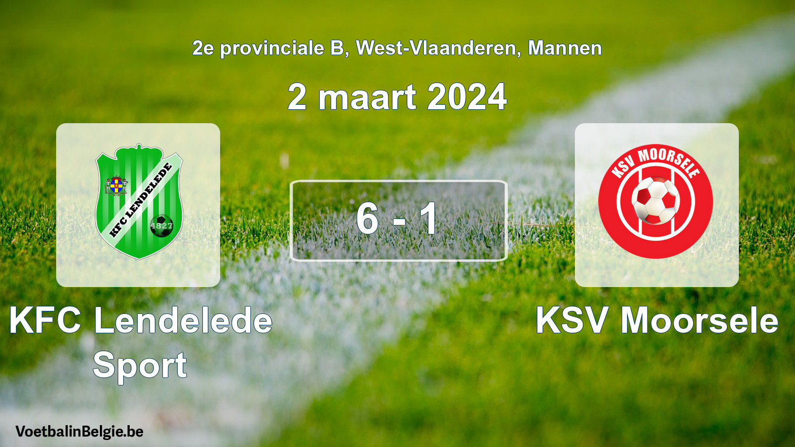 Gespeelde wedstrijd mannenvoetbal: KFC Lendelede Sport - KSV Moorsele 6 - 1 (2 maart 2024)