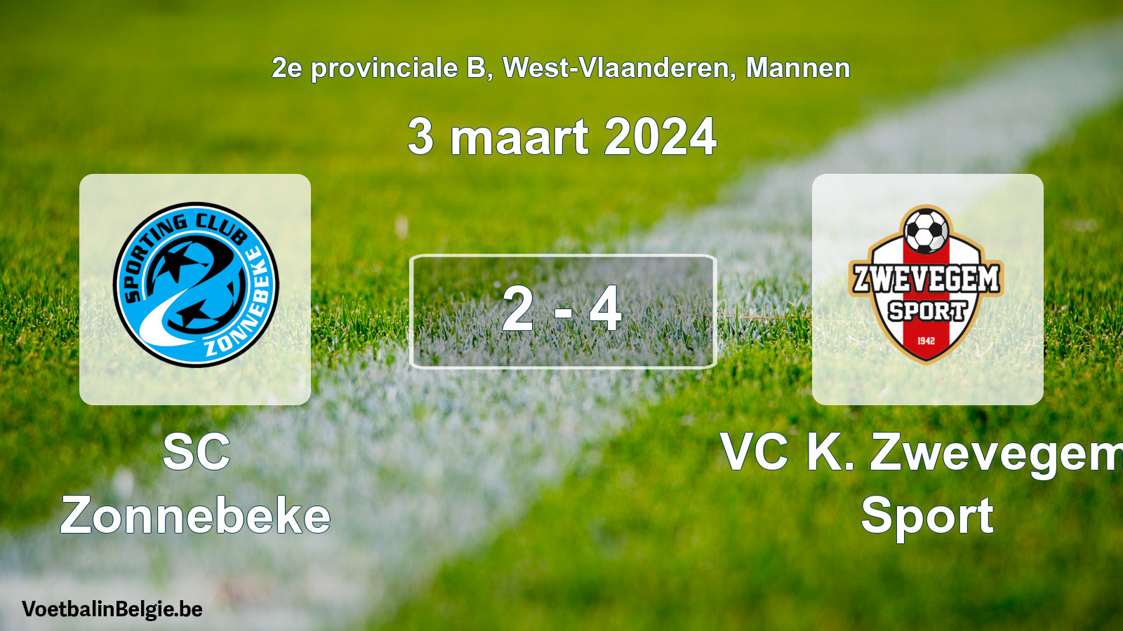 Gespeelde wedstrijd mannenvoetbal: SC Zonnebeke - VC K. Zwevegem Sport 2 - 4 (3 maart 2024)