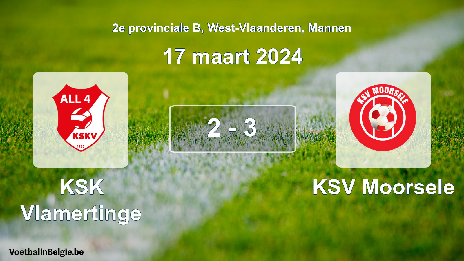 Gespeelde wedstrijd mannenvoetbal: KSK Vlamertinge - KSV Moorsele 2 - 3 (17 maart 2024)