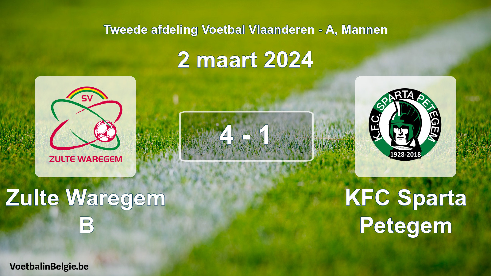 Gespeelde wedstrijd mannenvoetbal: Zulte Waregem B - KFC Sparta Petegem 4 - 1 (2 maart 2024)